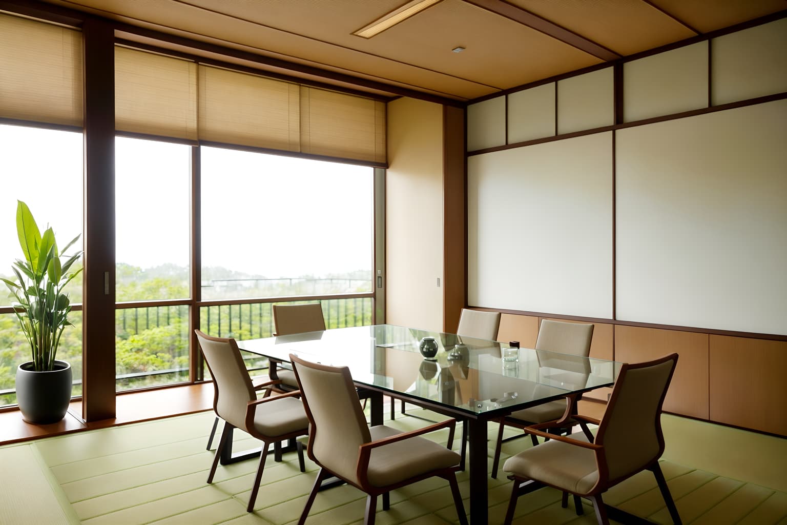 zen-style (meeting room interior) with plant and glass walls and cabinets and painting or photo on wall and vase and boardroom table and glass doors and office chairs. . with japanese minimalist interior and japanese minimalist interior and clutter free and japanese interior and calm and neutral colors and natural textures and japanese minimalist interior and serenity and harmony. . cinematic photo, highly detailed, cinematic lighting, ultra-detailed, ultrarealistic, photorealism, 8k. zen interior design style. masterpiece, cinematic light, ultrarealistic+, photorealistic+, 8k, raw photo, realistic, sharp focus on eyes, (symmetrical eyes), (intact eyes), hyperrealistic, highest quality, best quality, , highly detailed, masterpiece, best quality, extremely detailed 8k wallpaper, masterpiece, best quality, ultra-detailed, best shadow, detailed background, detailed face, detailed eyes, high contrast, best illumination, detailed face, dulux, caustic, dynamic angle, detailed glow. dramatic lighting. highly detailed, insanely detailed hair, symmetrical, intricate details, professionally retouched, 8k high definition. strong bokeh. award winning photo.