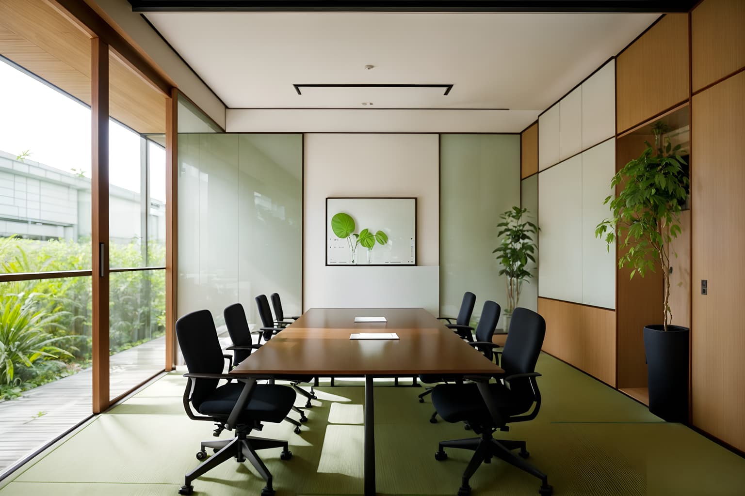 zen-style (meeting room interior) with plant and glass walls and cabinets and painting or photo on wall and vase and boardroom table and glass doors and office chairs. . with japanese minimalist interior and japanese minimalist interior and clutter free and japanese interior and calm and neutral colors and natural textures and japanese minimalist interior and serenity and harmony. . cinematic photo, highly detailed, cinematic lighting, ultra-detailed, ultrarealistic, photorealism, 8k. zen interior design style. masterpiece, cinematic light, ultrarealistic+, photorealistic+, 8k, raw photo, realistic, sharp focus on eyes, (symmetrical eyes), (intact eyes), hyperrealistic, highest quality, best quality, , highly detailed, masterpiece, best quality, extremely detailed 8k wallpaper, masterpiece, best quality, ultra-detailed, best shadow, detailed background, detailed face, detailed eyes, high contrast, best illumination, detailed face, dulux, caustic, dynamic angle, detailed glow. dramatic lighting. highly detailed, insanely detailed hair, symmetrical, intricate details, professionally retouched, 8k high definition. strong bokeh. award winning photo.