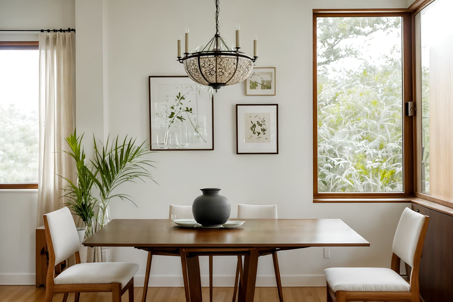 zen-style (dining room interior) with vase and dining table and plant and plates, cutlery and glasses on dining table and dining table chairs and painting or photo on wall and light or chandelier and bookshelves. . with serenity and harmony and natural light and natural textures and simplicity and asian interior and simple furniture and calm and neutral colors and japanese minimalist interior. . cinematic photo, highly detailed, cinematic lighting, ultra-detailed, ultrarealistic, photorealism, 8k. zen interior design style. masterpiece, cinematic light, ultrarealistic+, photorealistic+, 8k, raw photo, realistic, sharp focus on eyes, (symmetrical eyes), (intact eyes), hyperrealistic, highest quality, best quality, , highly detailed, masterpiece, best quality, extremely detailed 8k wallpaper, masterpiece, best quality, ultra-detailed, best shadow, detailed background, detailed face, detailed eyes, high contrast, best illumination, detailed face, dulux, caustic, dynamic angle, detailed glow. dramatic lighting. highly detailed, insanely detailed hair, symmetrical, intricate details, professionally retouched, 8k high definition. strong bokeh. award winning photo.