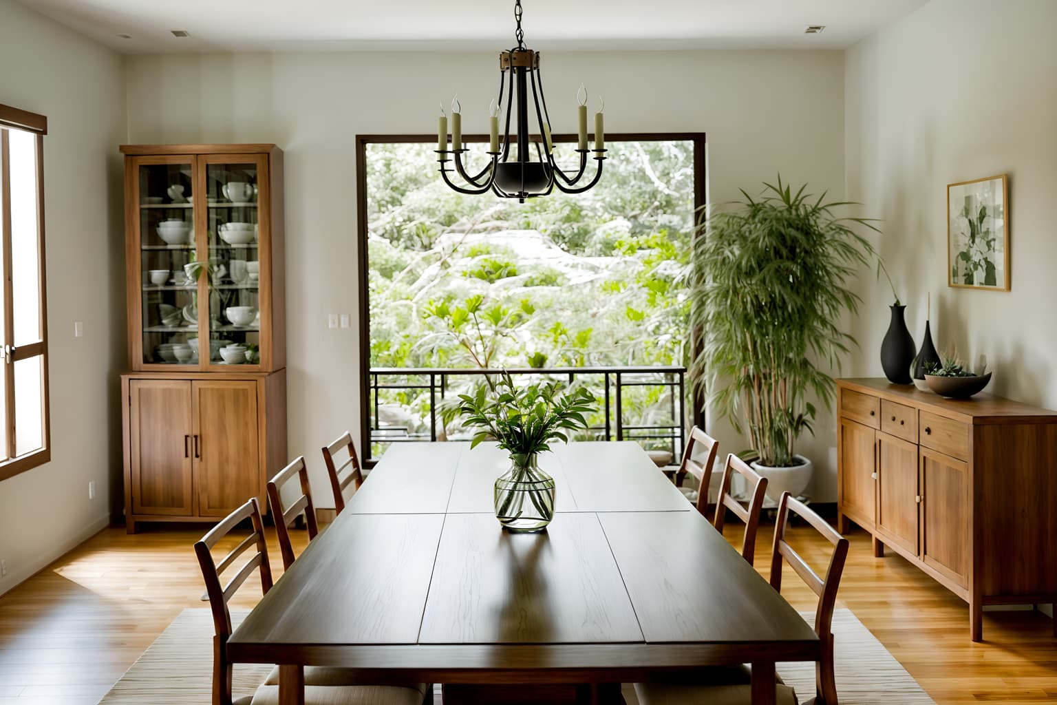 zen-style (dining room interior) with vase and dining table and plant and plates, cutlery and glasses on dining table and dining table chairs and painting or photo on wall and light or chandelier and bookshelves. . with serenity and harmony and natural light and natural textures and simplicity and asian interior and simple furniture and calm and neutral colors and japanese minimalist interior. . cinematic photo, highly detailed, cinematic lighting, ultra-detailed, ultrarealistic, photorealism, 8k. zen interior design style. masterpiece, cinematic light, ultrarealistic+, photorealistic+, 8k, raw photo, realistic, sharp focus on eyes, (symmetrical eyes), (intact eyes), hyperrealistic, highest quality, best quality, , highly detailed, masterpiece, best quality, extremely detailed 8k wallpaper, masterpiece, best quality, ultra-detailed, best shadow, detailed background, detailed face, detailed eyes, high contrast, best illumination, detailed face, dulux, caustic, dynamic angle, detailed glow. dramatic lighting. highly detailed, insanely detailed hair, symmetrical, intricate details, professionally retouched, 8k high definition. strong bokeh. award winning photo.