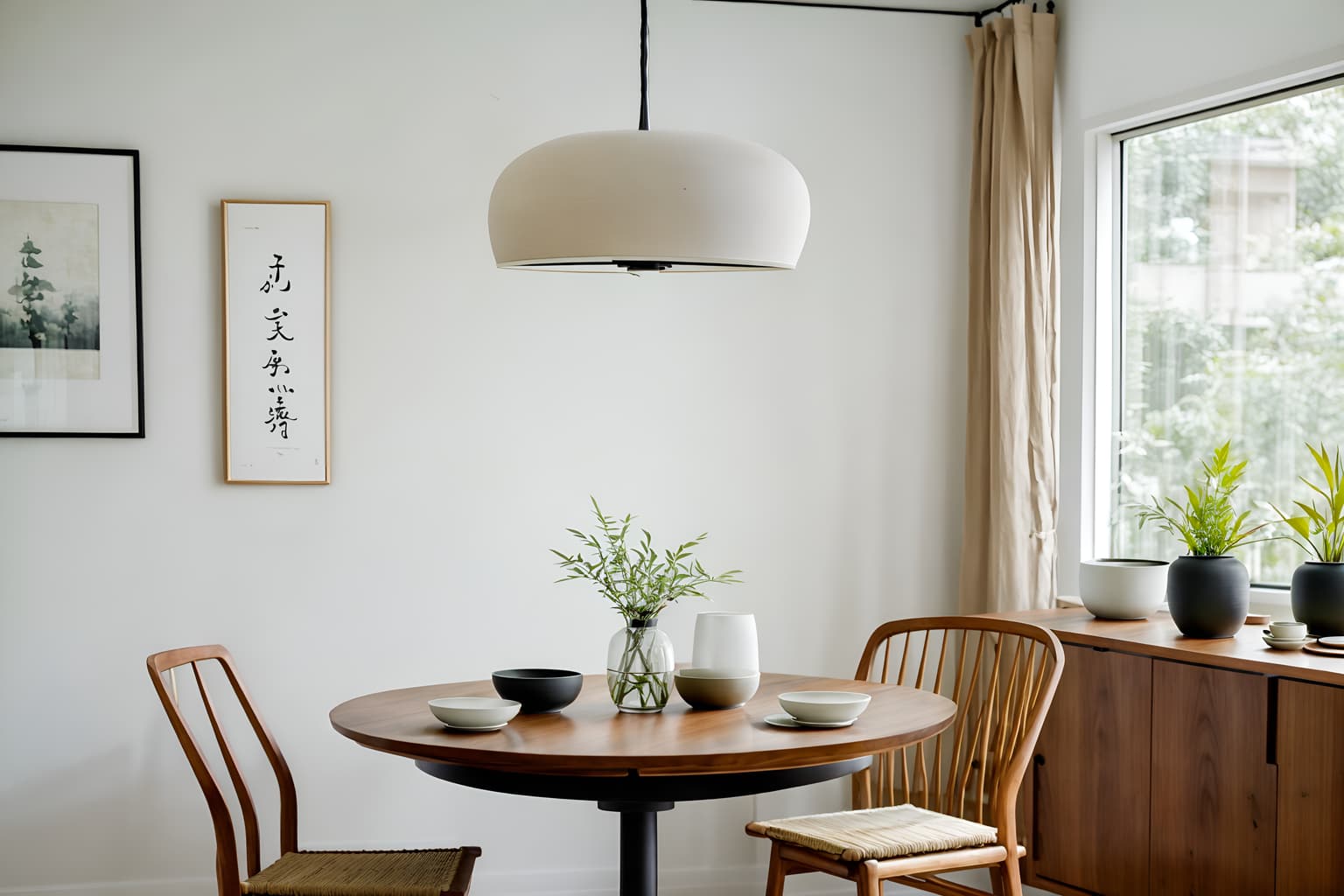 zen-style (dining room interior) with vase and dining table and plant and plates, cutlery and glasses on dining table and dining table chairs and painting or photo on wall and light or chandelier and bookshelves. . with serenity and harmony and natural light and natural textures and simplicity and asian interior and simple furniture and calm and neutral colors and japanese minimalist interior. . cinematic photo, highly detailed, cinematic lighting, ultra-detailed, ultrarealistic, photorealism, 8k. zen interior design style. masterpiece, cinematic light, ultrarealistic+, photorealistic+, 8k, raw photo, realistic, sharp focus on eyes, (symmetrical eyes), (intact eyes), hyperrealistic, highest quality, best quality, , highly detailed, masterpiece, best quality, extremely detailed 8k wallpaper, masterpiece, best quality, ultra-detailed, best shadow, detailed background, detailed face, detailed eyes, high contrast, best illumination, detailed face, dulux, caustic, dynamic angle, detailed glow. dramatic lighting. highly detailed, insanely detailed hair, symmetrical, intricate details, professionally retouched, 8k high definition. strong bokeh. award winning photo.