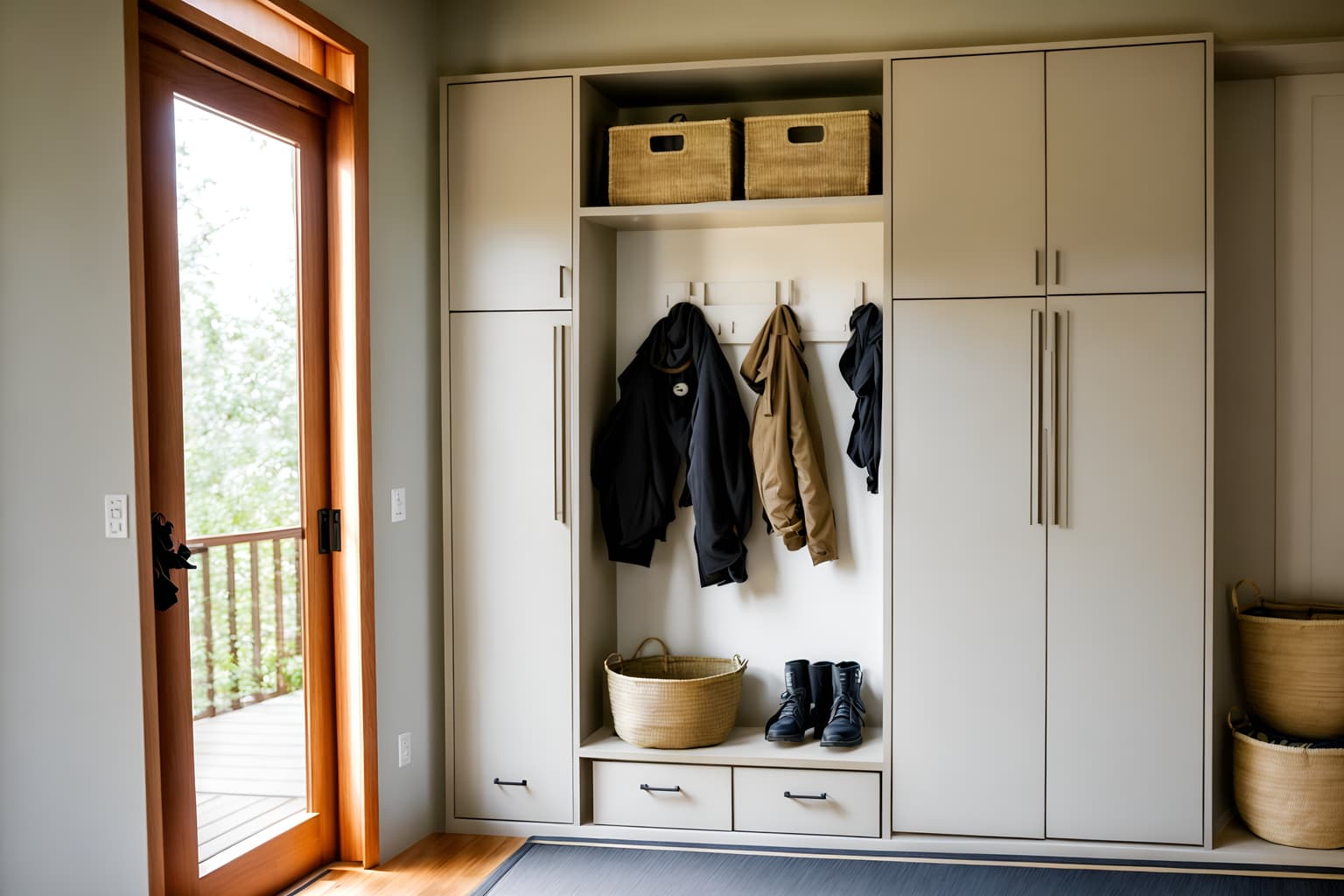 zen-style (mudroom interior) with storage baskets and wall hooks for coats and cabinets and shelves for shoes and storage drawers and cubbies and a bench and high up storage. . with asian zen interior and asian zen interior and japanese minimalist interior and serenity and harmony and simplicity and calm and neutral colors and japanese interior and japanese minimalist interior. . cinematic photo, highly detailed, cinematic lighting, ultra-detailed, ultrarealistic, photorealism, 8k. zen interior design style. masterpiece, cinematic light, ultrarealistic+, photorealistic+, 8k, raw photo, realistic, sharp focus on eyes, (symmetrical eyes), (intact eyes), hyperrealistic, highest quality, best quality, , highly detailed, masterpiece, best quality, extremely detailed 8k wallpaper, masterpiece, best quality, ultra-detailed, best shadow, detailed background, detailed face, detailed eyes, high contrast, best illumination, detailed face, dulux, caustic, dynamic angle, detailed glow. dramatic lighting. highly detailed, insanely detailed hair, symmetrical, intricate details, professionally retouched, 8k high definition. strong bokeh. award winning photo.