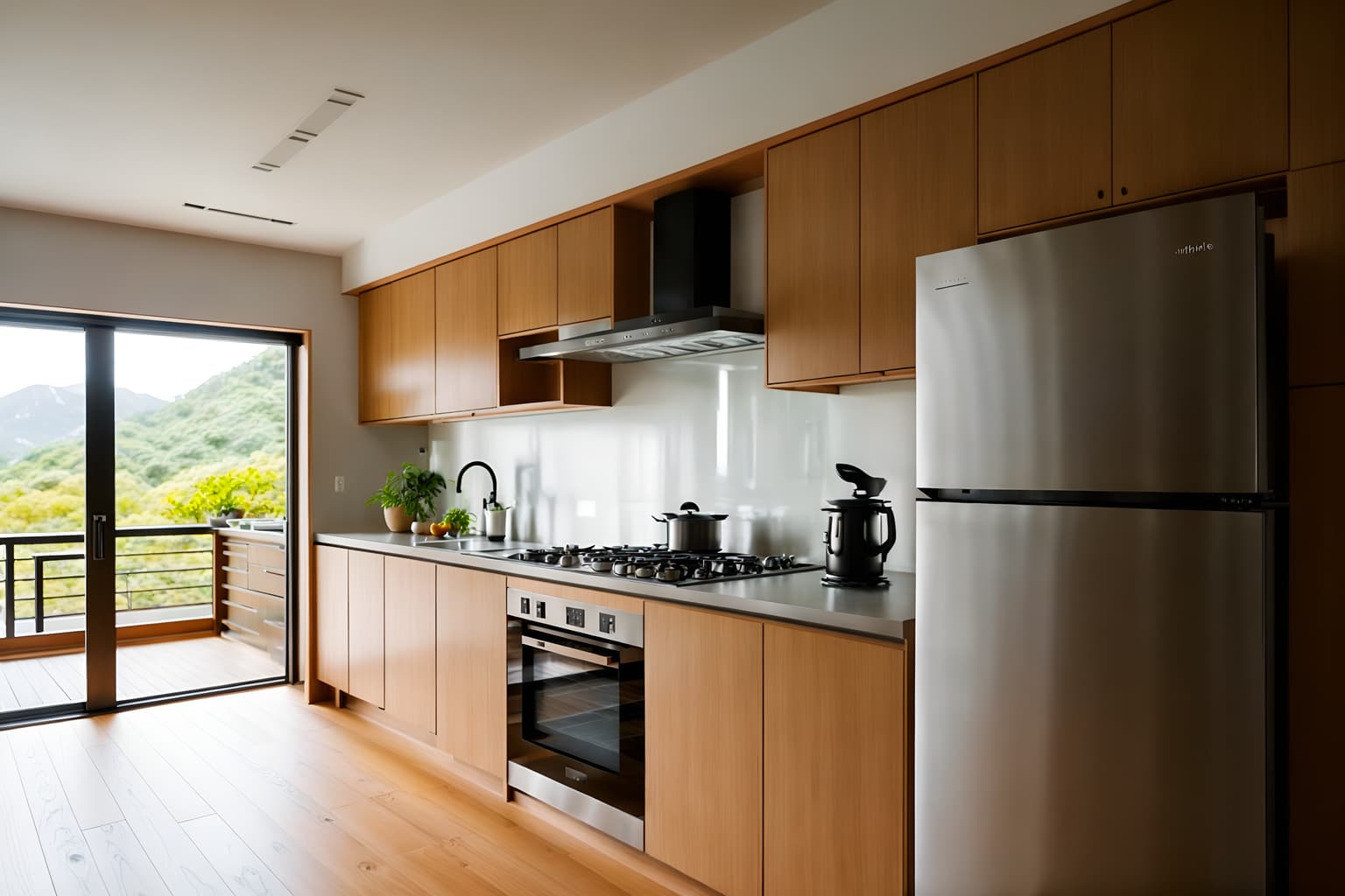 zen-style (kitchen interior) with stove and sink and worktops and plant and kitchen cabinets and refrigerator and stove. . with japanese minimalist interior and asian zen interior and calm and neutral colors and japanese minimalist interior and simplicity and simple furniture and japanese interior and asian zen interior. . cinematic photo, highly detailed, cinematic lighting, ultra-detailed, ultrarealistic, photorealism, 8k. zen interior design style. masterpiece, cinematic light, ultrarealistic+, photorealistic+, 8k, raw photo, realistic, sharp focus on eyes, (symmetrical eyes), (intact eyes), hyperrealistic, highest quality, best quality, , highly detailed, masterpiece, best quality, extremely detailed 8k wallpaper, masterpiece, best quality, ultra-detailed, best shadow, detailed background, detailed face, detailed eyes, high contrast, best illumination, detailed face, dulux, caustic, dynamic angle, detailed glow. dramatic lighting. highly detailed, insanely detailed hair, symmetrical, intricate details, professionally retouched, 8k high definition. strong bokeh. award winning photo.