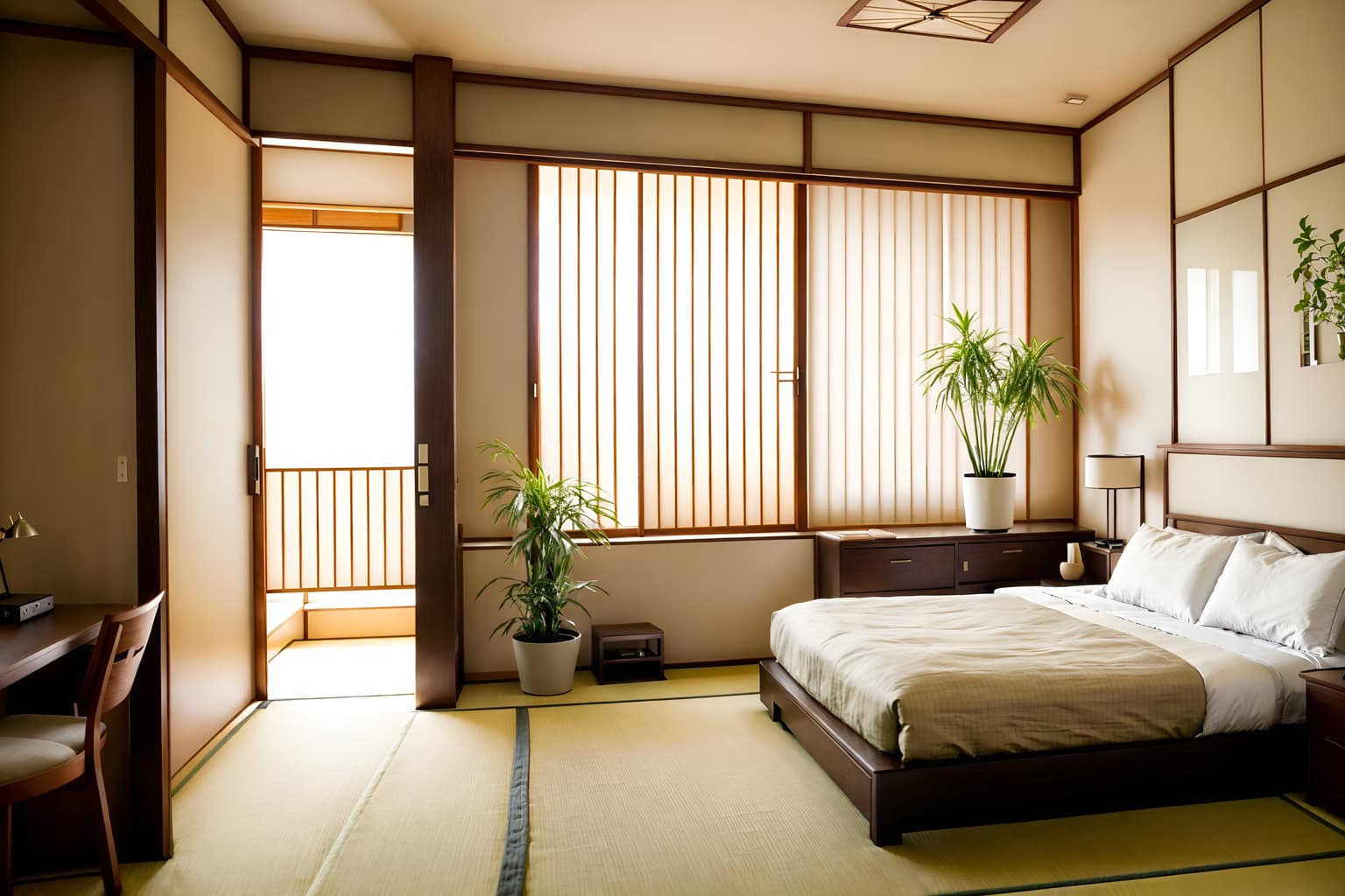 zen-style (hotel room interior) with accent chair and working desk with desk chair and dresser closet and storage bench or ottoman and mirror and bed and bedside table or night stand and plant. . with japanese minimalist interior and calm and neutral colors and asian zen interior and asian zen interior and asian interior and japanese minimalist interior and mimimalist and japanese interior. . cinematic photo, highly detailed, cinematic lighting, ultra-detailed, ultrarealistic, photorealism, 8k. zen interior design style. masterpiece, cinematic light, ultrarealistic+, photorealistic+, 8k, raw photo, realistic, sharp focus on eyes, (symmetrical eyes), (intact eyes), hyperrealistic, highest quality, best quality, , highly detailed, masterpiece, best quality, extremely detailed 8k wallpaper, masterpiece, best quality, ultra-detailed, best shadow, detailed background, detailed face, detailed eyes, high contrast, best illumination, detailed face, dulux, caustic, dynamic angle, detailed glow. dramatic lighting. highly detailed, insanely detailed hair, symmetrical, intricate details, professionally retouched, 8k high definition. strong bokeh. award winning photo.