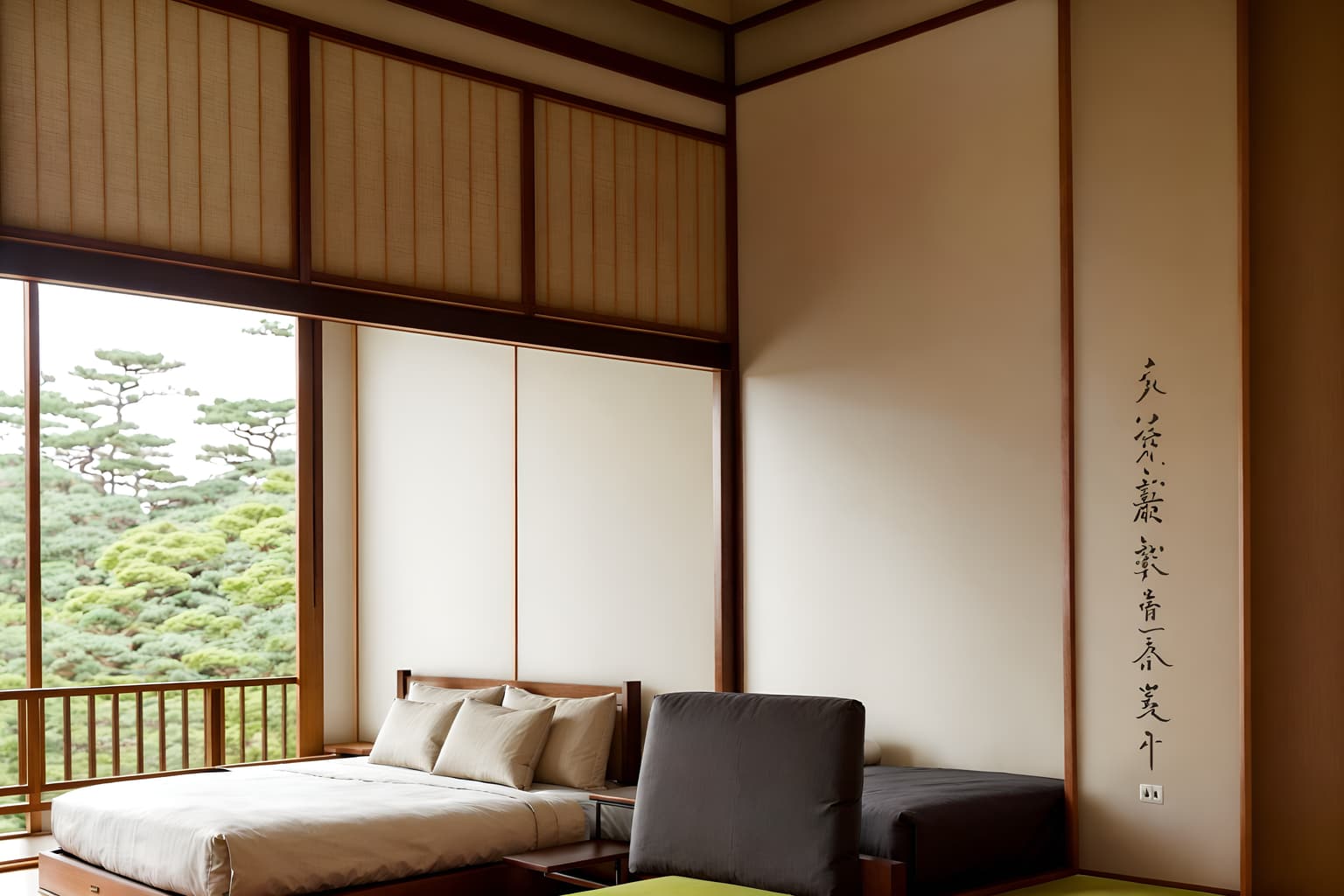 zen-style (hotel room interior) with accent chair and working desk with desk chair and dresser closet and storage bench or ottoman and mirror and bed and bedside table or night stand and plant. . with japanese minimalist interior and calm and neutral colors and asian zen interior and asian zen interior and asian interior and japanese minimalist interior and mimimalist and japanese interior. . cinematic photo, highly detailed, cinematic lighting, ultra-detailed, ultrarealistic, photorealism, 8k. zen interior design style. masterpiece, cinematic light, ultrarealistic+, photorealistic+, 8k, raw photo, realistic, sharp focus on eyes, (symmetrical eyes), (intact eyes), hyperrealistic, highest quality, best quality, , highly detailed, masterpiece, best quality, extremely detailed 8k wallpaper, masterpiece, best quality, ultra-detailed, best shadow, detailed background, detailed face, detailed eyes, high contrast, best illumination, detailed face, dulux, caustic, dynamic angle, detailed glow. dramatic lighting. highly detailed, insanely detailed hair, symmetrical, intricate details, professionally retouched, 8k high definition. strong bokeh. award winning photo.