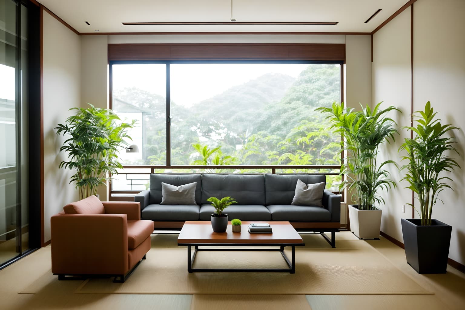 zen-style (office interior) with seating area with sofa and plants and desk lamps and office chairs and lounge chairs and office desks and computer desks and windows. . with natural light and natural textures and clean lines and asian zen interior and asian zen interior and asian interior and japanese minimalist interior and simple furniture. . cinematic photo, highly detailed, cinematic lighting, ultra-detailed, ultrarealistic, photorealism, 8k. zen interior design style. masterpiece, cinematic light, ultrarealistic+, photorealistic+, 8k, raw photo, realistic, sharp focus on eyes, (symmetrical eyes), (intact eyes), hyperrealistic, highest quality, best quality, , highly detailed, masterpiece, best quality, extremely detailed 8k wallpaper, masterpiece, best quality, ultra-detailed, best shadow, detailed background, detailed face, detailed eyes, high contrast, best illumination, detailed face, dulux, caustic, dynamic angle, detailed glow. dramatic lighting. highly detailed, insanely detailed hair, symmetrical, intricate details, professionally retouched, 8k high definition. strong bokeh. award winning photo.