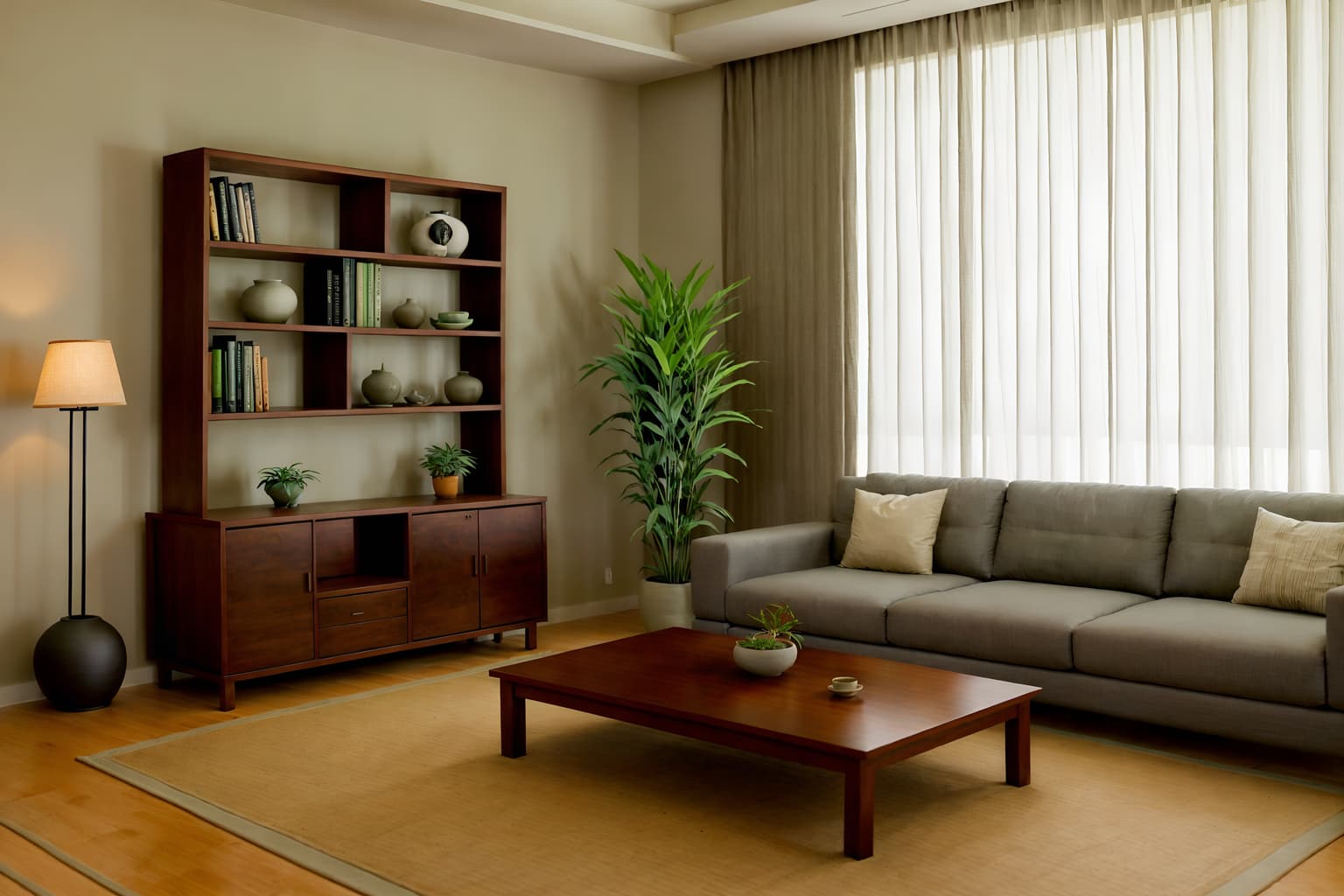 zen-style (living room interior) with furniture and bookshelves and occasional tables and coffee tables and sofa and electric lamps and plant and televisions. . with asian interior and calm and neutral colors and asian zen interior and serenity and harmony and natural textures and clean lines and japanese minimalist interior and simplicity. . cinematic photo, highly detailed, cinematic lighting, ultra-detailed, ultrarealistic, photorealism, 8k. zen interior design style. masterpiece, cinematic light, ultrarealistic+, photorealistic+, 8k, raw photo, realistic, sharp focus on eyes, (symmetrical eyes), (intact eyes), hyperrealistic, highest quality, best quality, , highly detailed, masterpiece, best quality, extremely detailed 8k wallpaper, masterpiece, best quality, ultra-detailed, best shadow, detailed background, detailed face, detailed eyes, high contrast, best illumination, detailed face, dulux, caustic, dynamic angle, detailed glow. dramatic lighting. highly detailed, insanely detailed hair, symmetrical, intricate details, professionally retouched, 8k high definition. strong bokeh. award winning photo.