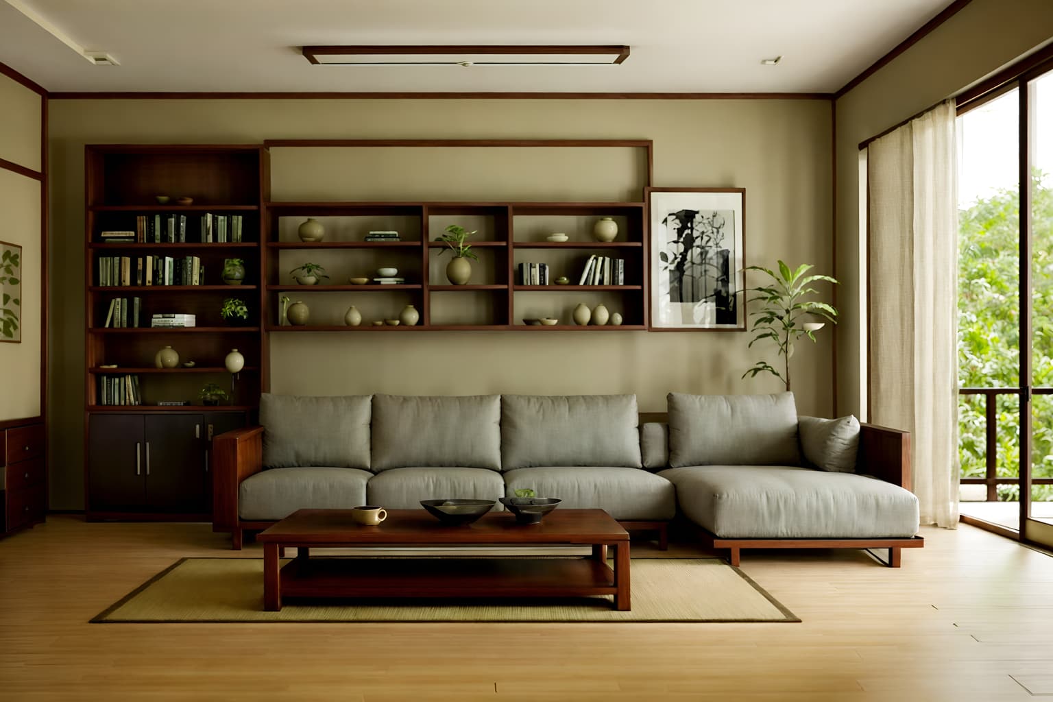 zen-style (living room interior) with furniture and bookshelves and occasional tables and coffee tables and sofa and electric lamps and plant and televisions. . with asian interior and calm and neutral colors and asian zen interior and serenity and harmony and natural textures and clean lines and japanese minimalist interior and simplicity. . cinematic photo, highly detailed, cinematic lighting, ultra-detailed, ultrarealistic, photorealism, 8k. zen interior design style. masterpiece, cinematic light, ultrarealistic+, photorealistic+, 8k, raw photo, realistic, sharp focus on eyes, (symmetrical eyes), (intact eyes), hyperrealistic, highest quality, best quality, , highly detailed, masterpiece, best quality, extremely detailed 8k wallpaper, masterpiece, best quality, ultra-detailed, best shadow, detailed background, detailed face, detailed eyes, high contrast, best illumination, detailed face, dulux, caustic, dynamic angle, detailed glow. dramatic lighting. highly detailed, insanely detailed hair, symmetrical, intricate details, professionally retouched, 8k high definition. strong bokeh. award winning photo.