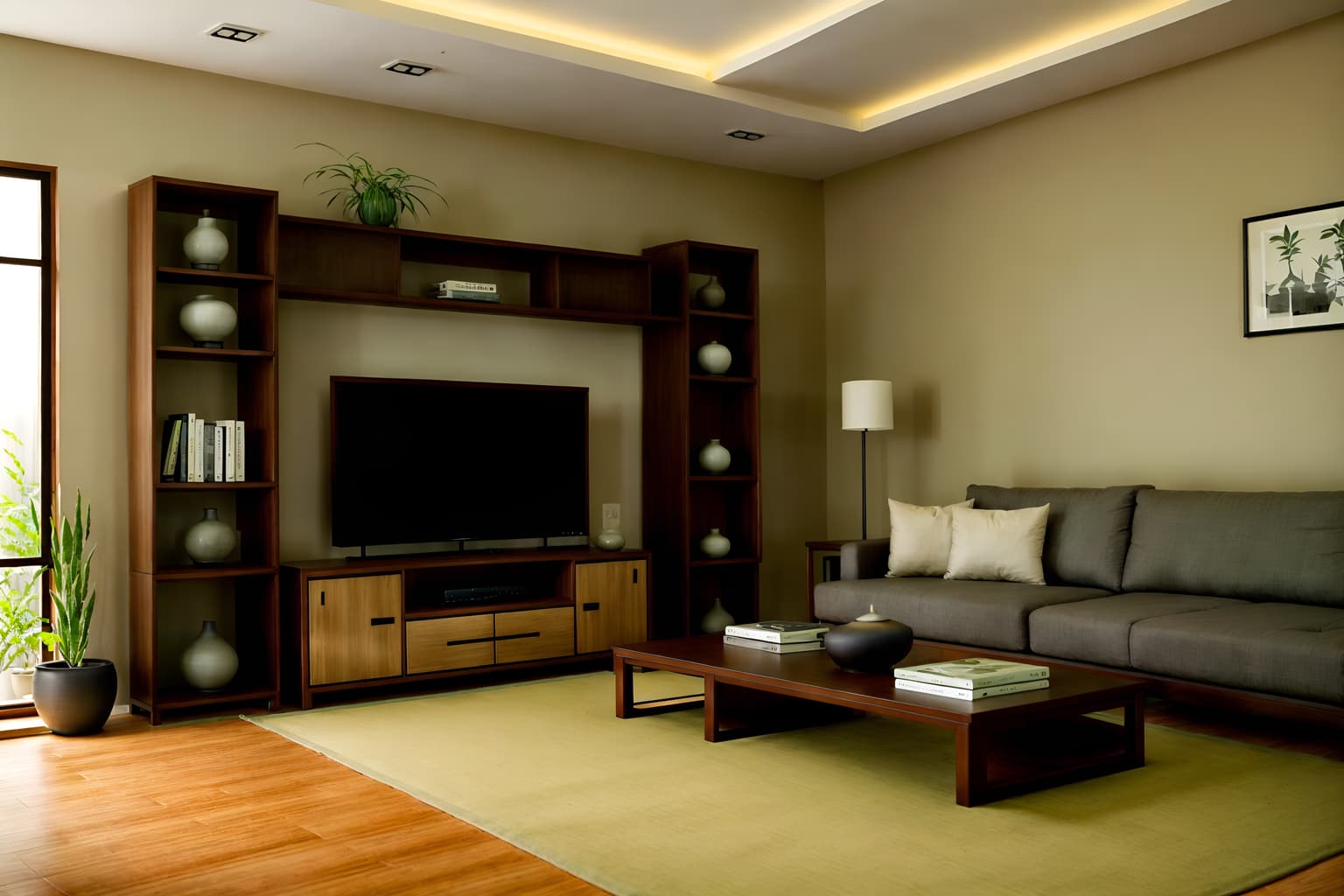 zen-style (living room interior) with furniture and bookshelves and occasional tables and coffee tables and sofa and electric lamps and plant and televisions. . with asian interior and calm and neutral colors and asian zen interior and serenity and harmony and natural textures and clean lines and japanese minimalist interior and simplicity. . cinematic photo, highly detailed, cinematic lighting, ultra-detailed, ultrarealistic, photorealism, 8k. zen interior design style. masterpiece, cinematic light, ultrarealistic+, photorealistic+, 8k, raw photo, realistic, sharp focus on eyes, (symmetrical eyes), (intact eyes), hyperrealistic, highest quality, best quality, , highly detailed, masterpiece, best quality, extremely detailed 8k wallpaper, masterpiece, best quality, ultra-detailed, best shadow, detailed background, detailed face, detailed eyes, high contrast, best illumination, detailed face, dulux, caustic, dynamic angle, detailed glow. dramatic lighting. highly detailed, insanely detailed hair, symmetrical, intricate details, professionally retouched, 8k high definition. strong bokeh. award winning photo.
