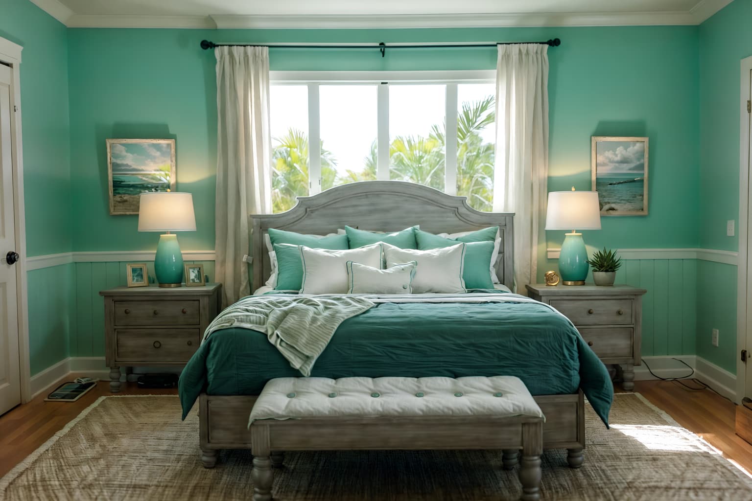 coastal-style (bedroom interior) with bed and night light and bedside table or night stand and mirror and storage bench or ottoman and dresser closet and plant and headboard. . with . . cinematic photo, highly detailed, cinematic lighting, ultra-detailed, ultrarealistic, photorealism, 8k. coastal interior design style. masterpiece, cinematic light, ultrarealistic+, photorealistic+, 8k, raw photo, realistic, sharp focus on eyes, (symmetrical eyes), (intact eyes), hyperrealistic, highest quality, best quality, , highly detailed, masterpiece, best quality, extremely detailed 8k wallpaper, masterpiece, best quality, ultra-detailed, best shadow, detailed background, detailed face, detailed eyes, high contrast, best illumination, detailed face, dulux, caustic, dynamic angle, detailed glow. dramatic lighting. highly detailed, insanely detailed hair, symmetrical, intricate details, professionally retouched, 8k high definition. strong bokeh. award winning photo.