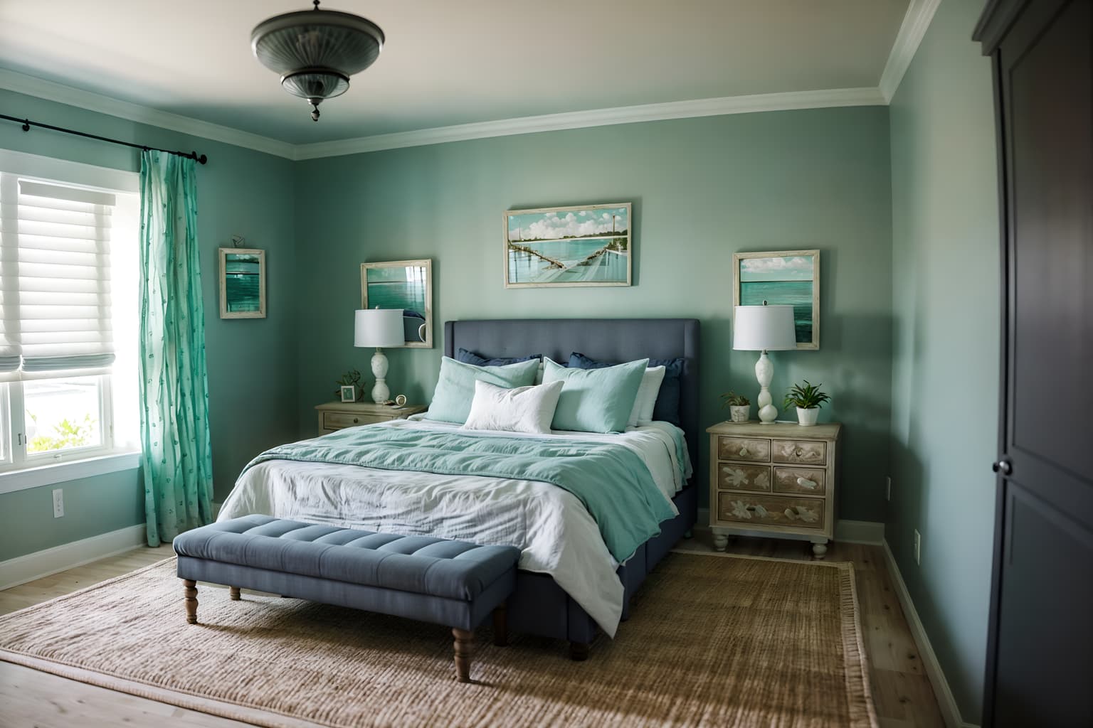 coastal-style (bedroom interior) with bed and night light and bedside table or night stand and mirror and storage bench or ottoman and dresser closet and plant and headboard. . with . . cinematic photo, highly detailed, cinematic lighting, ultra-detailed, ultrarealistic, photorealism, 8k. coastal interior design style. masterpiece, cinematic light, ultrarealistic+, photorealistic+, 8k, raw photo, realistic, sharp focus on eyes, (symmetrical eyes), (intact eyes), hyperrealistic, highest quality, best quality, , highly detailed, masterpiece, best quality, extremely detailed 8k wallpaper, masterpiece, best quality, ultra-detailed, best shadow, detailed background, detailed face, detailed eyes, high contrast, best illumination, detailed face, dulux, caustic, dynamic angle, detailed glow. dramatic lighting. highly detailed, insanely detailed hair, symmetrical, intricate details, professionally retouched, 8k high definition. strong bokeh. award winning photo.
