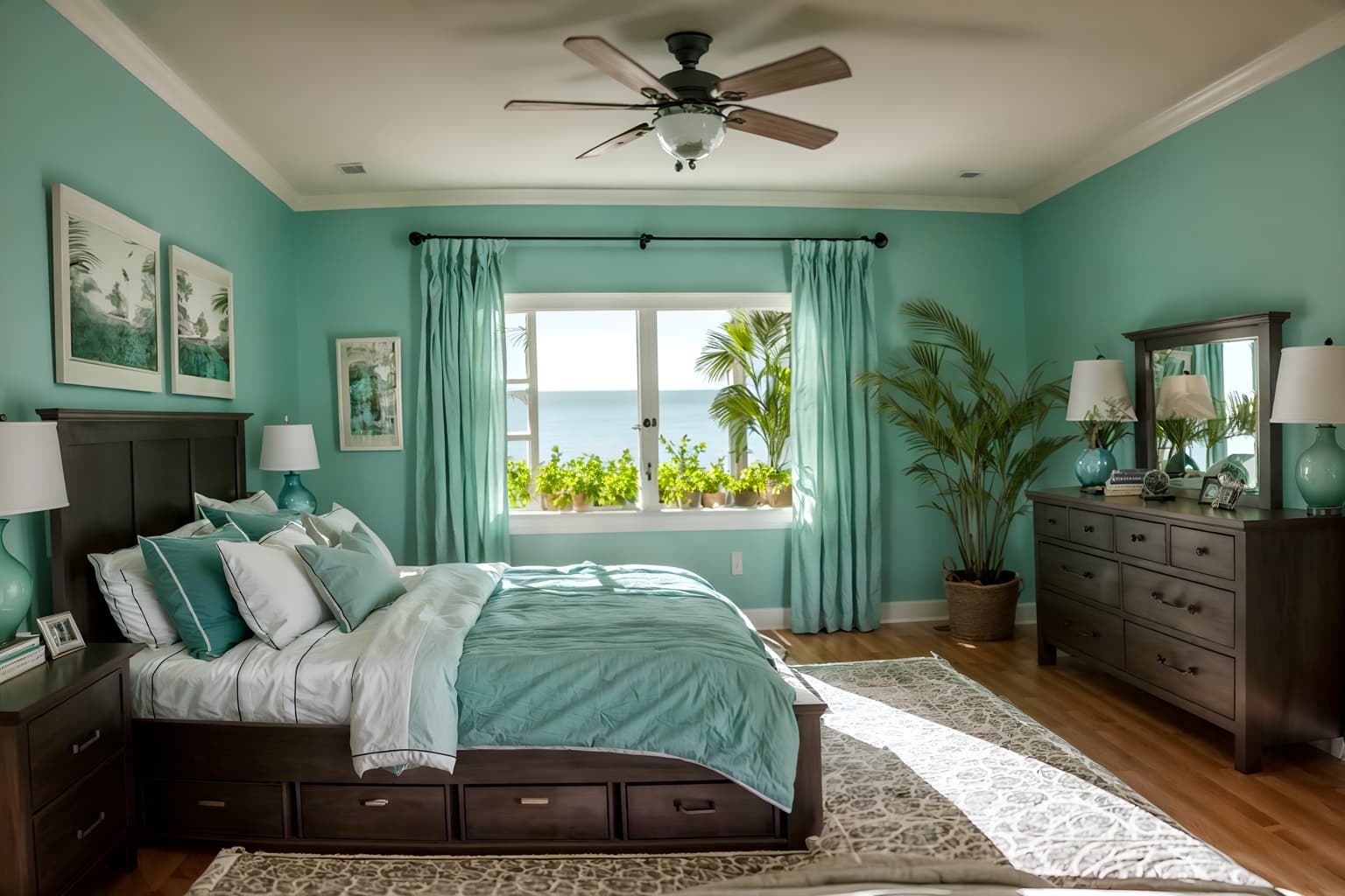 coastal-style (bedroom interior) with bed and night light and bedside table or night stand and mirror and storage bench or ottoman and dresser closet and plant and headboard. . with . . cinematic photo, highly detailed, cinematic lighting, ultra-detailed, ultrarealistic, photorealism, 8k. coastal interior design style. masterpiece, cinematic light, ultrarealistic+, photorealistic+, 8k, raw photo, realistic, sharp focus on eyes, (symmetrical eyes), (intact eyes), hyperrealistic, highest quality, best quality, , highly detailed, masterpiece, best quality, extremely detailed 8k wallpaper, masterpiece, best quality, ultra-detailed, best shadow, detailed background, detailed face, detailed eyes, high contrast, best illumination, detailed face, dulux, caustic, dynamic angle, detailed glow. dramatic lighting. highly detailed, insanely detailed hair, symmetrical, intricate details, professionally retouched, 8k high definition. strong bokeh. award winning photo.