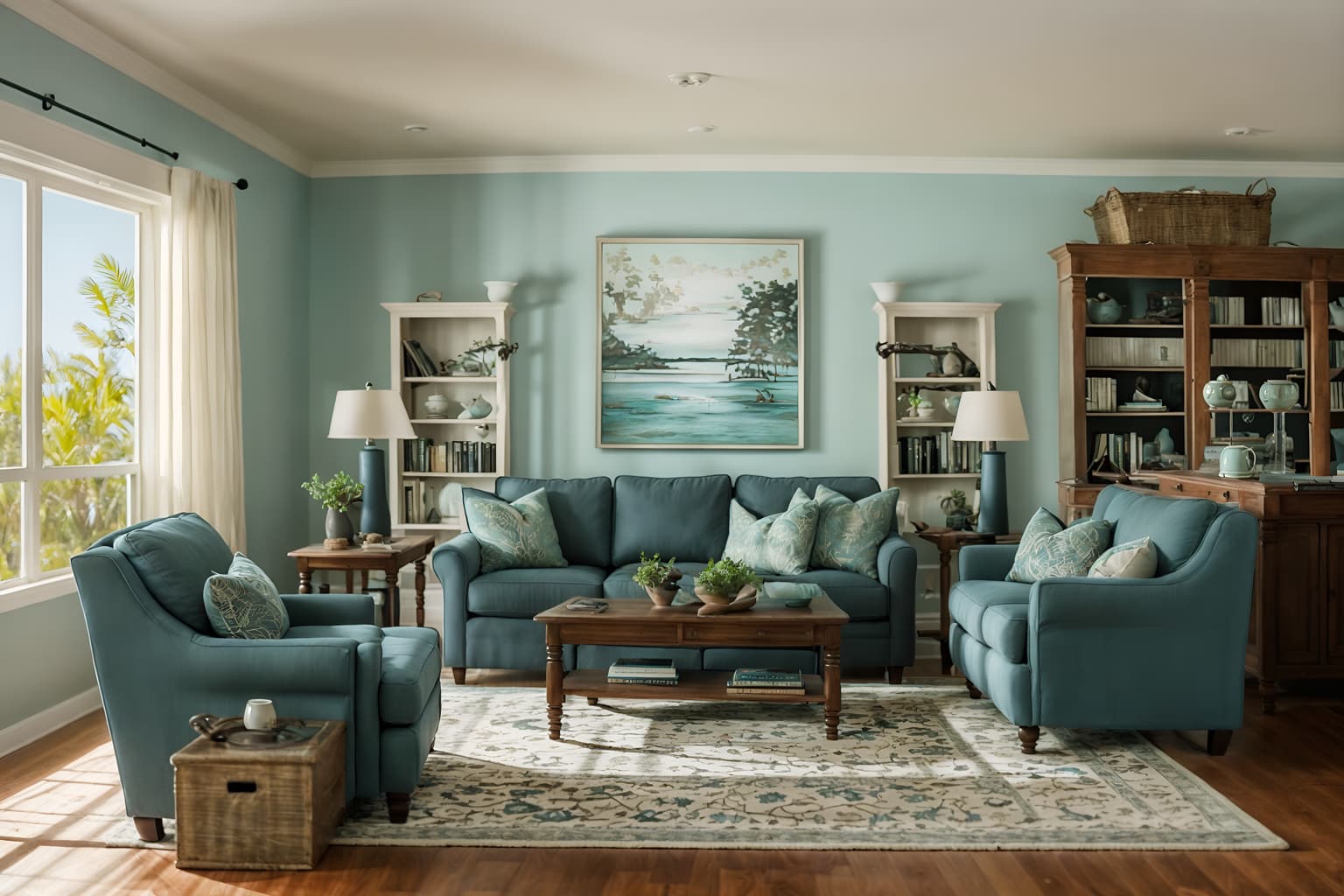 coastal-style (living room interior) with chairs and furniture and sofa and electric lamps and bookshelves and rug and occasional tables and coffee tables. . with . . cinematic photo, highly detailed, cinematic lighting, ultra-detailed, ultrarealistic, photorealism, 8k. coastal interior design style. masterpiece, cinematic light, ultrarealistic+, photorealistic+, 8k, raw photo, realistic, sharp focus on eyes, (symmetrical eyes), (intact eyes), hyperrealistic, highest quality, best quality, , highly detailed, masterpiece, best quality, extremely detailed 8k wallpaper, masterpiece, best quality, ultra-detailed, best shadow, detailed background, detailed face, detailed eyes, high contrast, best illumination, detailed face, dulux, caustic, dynamic angle, detailed glow. dramatic lighting. highly detailed, insanely detailed hair, symmetrical, intricate details, professionally retouched, 8k high definition. strong bokeh. award winning photo.