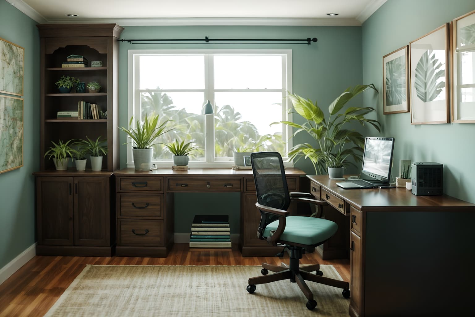 coastal-style (home office interior) with cabinets and office chair and plant and computer desk and desk lamp and cabinets. . with . . cinematic photo, highly detailed, cinematic lighting, ultra-detailed, ultrarealistic, photorealism, 8k. coastal interior design style. masterpiece, cinematic light, ultrarealistic+, photorealistic+, 8k, raw photo, realistic, sharp focus on eyes, (symmetrical eyes), (intact eyes), hyperrealistic, highest quality, best quality, , highly detailed, masterpiece, best quality, extremely detailed 8k wallpaper, masterpiece, best quality, ultra-detailed, best shadow, detailed background, detailed face, detailed eyes, high contrast, best illumination, detailed face, dulux, caustic, dynamic angle, detailed glow. dramatic lighting. highly detailed, insanely detailed hair, symmetrical, intricate details, professionally retouched, 8k high definition. strong bokeh. award winning photo.