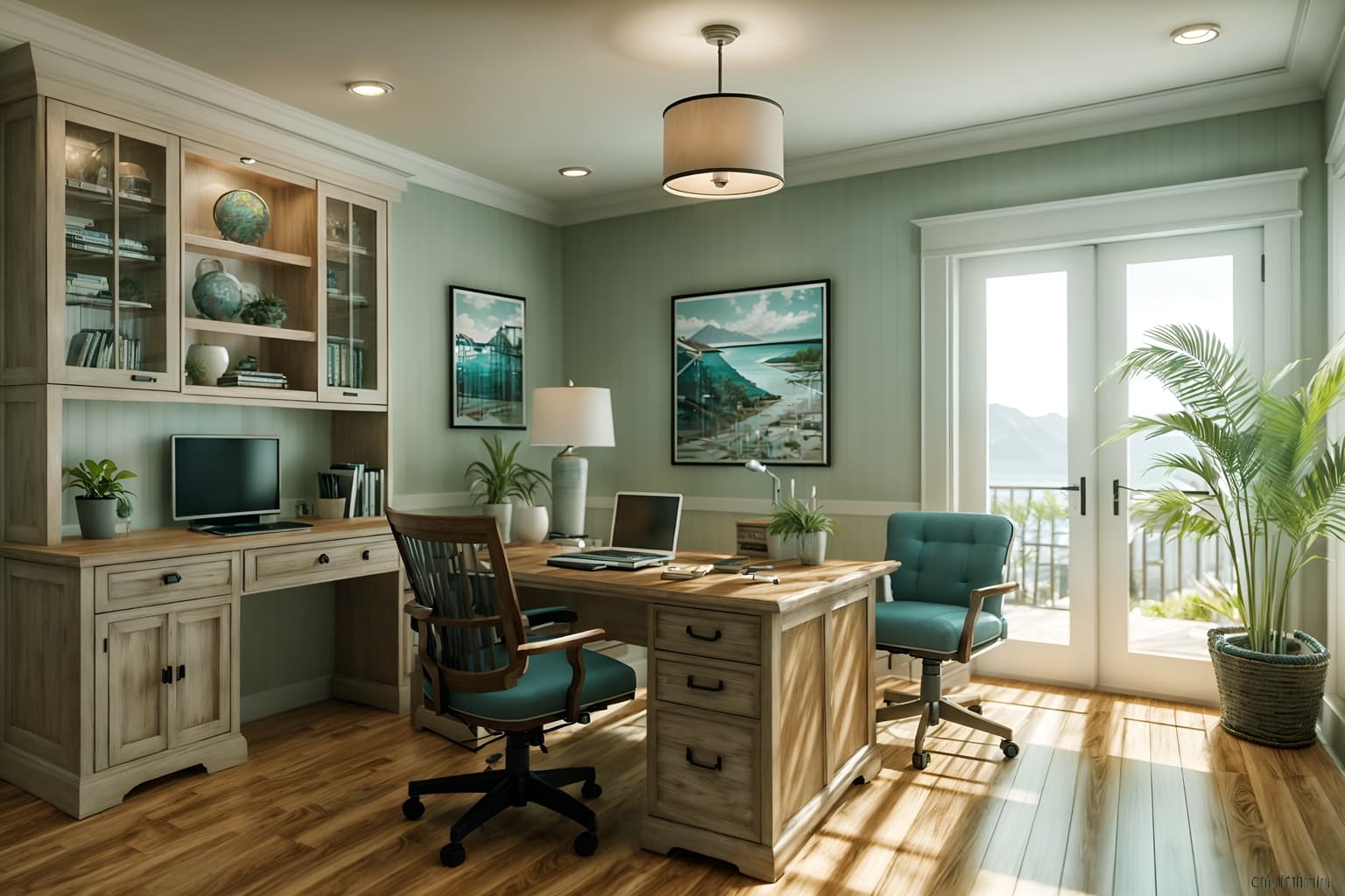 coastal-style (home office interior) with cabinets and office chair and plant and computer desk and desk lamp and cabinets. . with . . cinematic photo, highly detailed, cinematic lighting, ultra-detailed, ultrarealistic, photorealism, 8k. coastal interior design style. masterpiece, cinematic light, ultrarealistic+, photorealistic+, 8k, raw photo, realistic, sharp focus on eyes, (symmetrical eyes), (intact eyes), hyperrealistic, highest quality, best quality, , highly detailed, masterpiece, best quality, extremely detailed 8k wallpaper, masterpiece, best quality, ultra-detailed, best shadow, detailed background, detailed face, detailed eyes, high contrast, best illumination, detailed face, dulux, caustic, dynamic angle, detailed glow. dramatic lighting. highly detailed, insanely detailed hair, symmetrical, intricate details, professionally retouched, 8k high definition. strong bokeh. award winning photo.