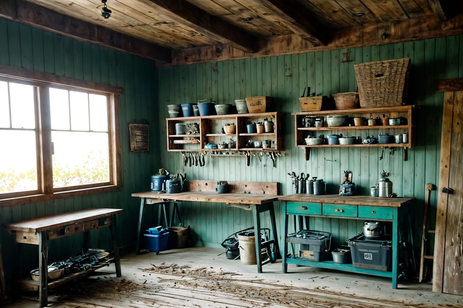 coastal-style (workshop interior) with tool wall and wooden workbench and messy and tool wall. . with . . cinematic photo, highly detailed, cinematic lighting, ultra-detailed, ultrarealistic, photorealism, 8k. coastal interior design style. masterpiece, cinematic light, ultrarealistic+, photorealistic+, 8k, raw photo, realistic, sharp focus on eyes, (symmetrical eyes), (intact eyes), hyperrealistic, highest quality, best quality, , highly detailed, masterpiece, best quality, extremely detailed 8k wallpaper, masterpiece, best quality, ultra-detailed, best shadow, detailed background, detailed face, detailed eyes, high contrast, best illumination, detailed face, dulux, caustic, dynamic angle, detailed glow. dramatic lighting. highly detailed, insanely detailed hair, symmetrical, intricate details, professionally retouched, 8k high definition. strong bokeh. award winning photo.