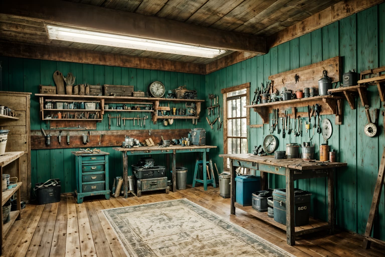 coastal-style (workshop interior) with tool wall and wooden workbench and messy and tool wall. . with . . cinematic photo, highly detailed, cinematic lighting, ultra-detailed, ultrarealistic, photorealism, 8k. coastal interior design style. masterpiece, cinematic light, ultrarealistic+, photorealistic+, 8k, raw photo, realistic, sharp focus on eyes, (symmetrical eyes), (intact eyes), hyperrealistic, highest quality, best quality, , highly detailed, masterpiece, best quality, extremely detailed 8k wallpaper, masterpiece, best quality, ultra-detailed, best shadow, detailed background, detailed face, detailed eyes, high contrast, best illumination, detailed face, dulux, caustic, dynamic angle, detailed glow. dramatic lighting. highly detailed, insanely detailed hair, symmetrical, intricate details, professionally retouched, 8k high definition. strong bokeh. award winning photo.