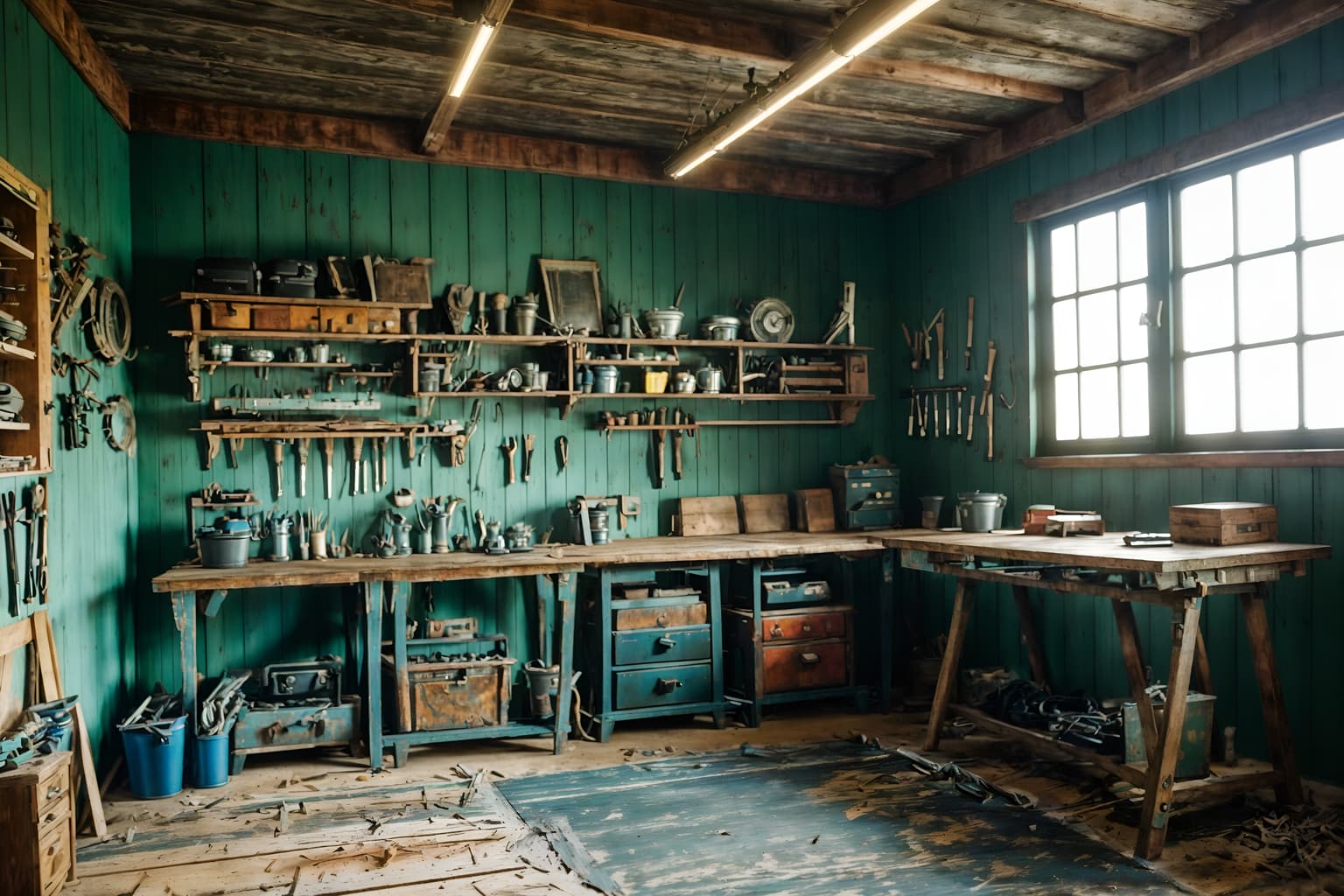 coastal-style (workshop interior) with tool wall and wooden workbench and messy and tool wall. . with . . cinematic photo, highly detailed, cinematic lighting, ultra-detailed, ultrarealistic, photorealism, 8k. coastal interior design style. masterpiece, cinematic light, ultrarealistic+, photorealistic+, 8k, raw photo, realistic, sharp focus on eyes, (symmetrical eyes), (intact eyes), hyperrealistic, highest quality, best quality, , highly detailed, masterpiece, best quality, extremely detailed 8k wallpaper, masterpiece, best quality, ultra-detailed, best shadow, detailed background, detailed face, detailed eyes, high contrast, best illumination, detailed face, dulux, caustic, dynamic angle, detailed glow. dramatic lighting. highly detailed, insanely detailed hair, symmetrical, intricate details, professionally retouched, 8k high definition. strong bokeh. award winning photo.