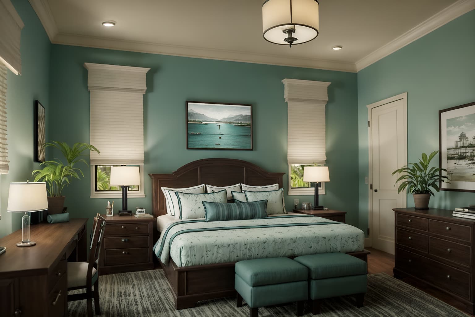 coastal-style (hotel room interior) with working desk with desk chair and plant and storage bench or ottoman and mirror and headboard and accent chair and night light and bedside table or night stand. . with . . cinematic photo, highly detailed, cinematic lighting, ultra-detailed, ultrarealistic, photorealism, 8k. coastal interior design style. masterpiece, cinematic light, ultrarealistic+, photorealistic+, 8k, raw photo, realistic, sharp focus on eyes, (symmetrical eyes), (intact eyes), hyperrealistic, highest quality, best quality, , highly detailed, masterpiece, best quality, extremely detailed 8k wallpaper, masterpiece, best quality, ultra-detailed, best shadow, detailed background, detailed face, detailed eyes, high contrast, best illumination, detailed face, dulux, caustic, dynamic angle, detailed glow. dramatic lighting. highly detailed, insanely detailed hair, symmetrical, intricate details, professionally retouched, 8k high definition. strong bokeh. award winning photo.