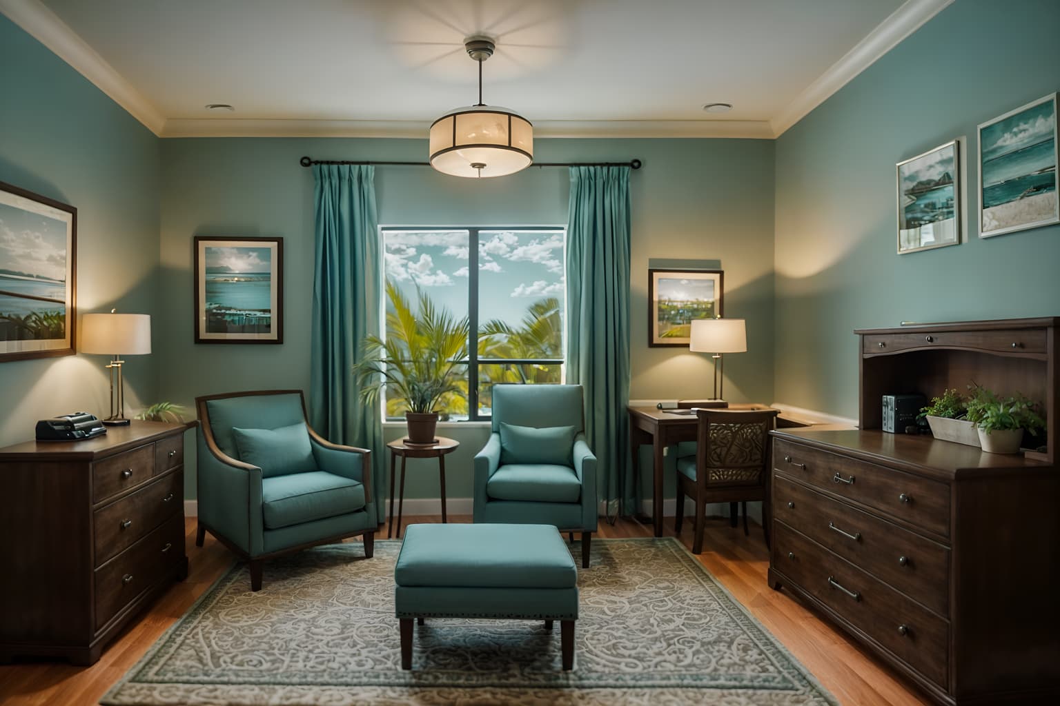 coastal-style (hotel room interior) with working desk with desk chair and plant and storage bench or ottoman and mirror and headboard and accent chair and night light and bedside table or night stand. . with . . cinematic photo, highly detailed, cinematic lighting, ultra-detailed, ultrarealistic, photorealism, 8k. coastal interior design style. masterpiece, cinematic light, ultrarealistic+, photorealistic+, 8k, raw photo, realistic, sharp focus on eyes, (symmetrical eyes), (intact eyes), hyperrealistic, highest quality, best quality, , highly detailed, masterpiece, best quality, extremely detailed 8k wallpaper, masterpiece, best quality, ultra-detailed, best shadow, detailed background, detailed face, detailed eyes, high contrast, best illumination, detailed face, dulux, caustic, dynamic angle, detailed glow. dramatic lighting. highly detailed, insanely detailed hair, symmetrical, intricate details, professionally retouched, 8k high definition. strong bokeh. award winning photo.