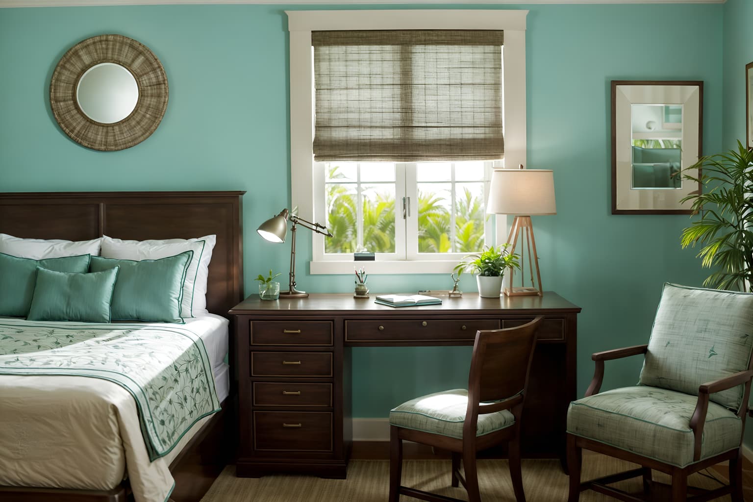 coastal-style (hotel room interior) with working desk with desk chair and plant and storage bench or ottoman and mirror and headboard and accent chair and night light and bedside table or night stand. . with . . cinematic photo, highly detailed, cinematic lighting, ultra-detailed, ultrarealistic, photorealism, 8k. coastal interior design style. masterpiece, cinematic light, ultrarealistic+, photorealistic+, 8k, raw photo, realistic, sharp focus on eyes, (symmetrical eyes), (intact eyes), hyperrealistic, highest quality, best quality, , highly detailed, masterpiece, best quality, extremely detailed 8k wallpaper, masterpiece, best quality, ultra-detailed, best shadow, detailed background, detailed face, detailed eyes, high contrast, best illumination, detailed face, dulux, caustic, dynamic angle, detailed glow. dramatic lighting. highly detailed, insanely detailed hair, symmetrical, intricate details, professionally retouched, 8k high definition. strong bokeh. award winning photo.