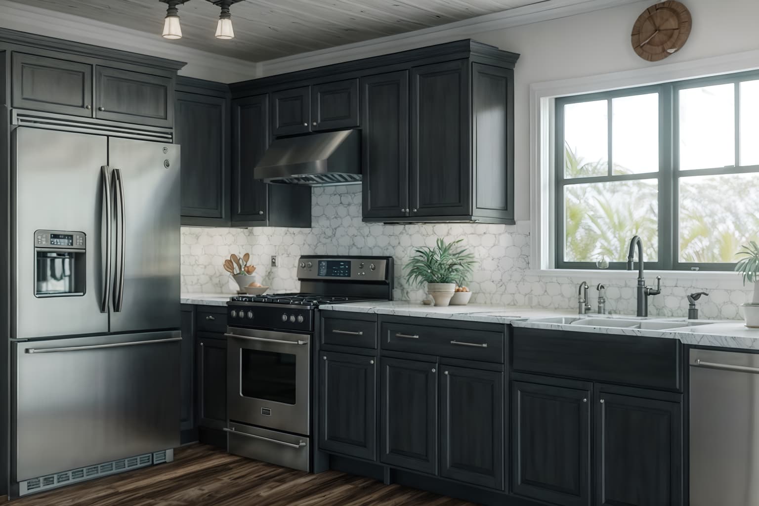 coastal-style (kitchen interior) with sink and stove and refrigerator and plant and worktops and kitchen cabinets and sink. . with . . cinematic photo, highly detailed, cinematic lighting, ultra-detailed, ultrarealistic, photorealism, 8k. coastal interior design style. masterpiece, cinematic light, ultrarealistic+, photorealistic+, 8k, raw photo, realistic, sharp focus on eyes, (symmetrical eyes), (intact eyes), hyperrealistic, highest quality, best quality, , highly detailed, masterpiece, best quality, extremely detailed 8k wallpaper, masterpiece, best quality, ultra-detailed, best shadow, detailed background, detailed face, detailed eyes, high contrast, best illumination, detailed face, dulux, caustic, dynamic angle, detailed glow. dramatic lighting. highly detailed, insanely detailed hair, symmetrical, intricate details, professionally retouched, 8k high definition. strong bokeh. award winning photo.