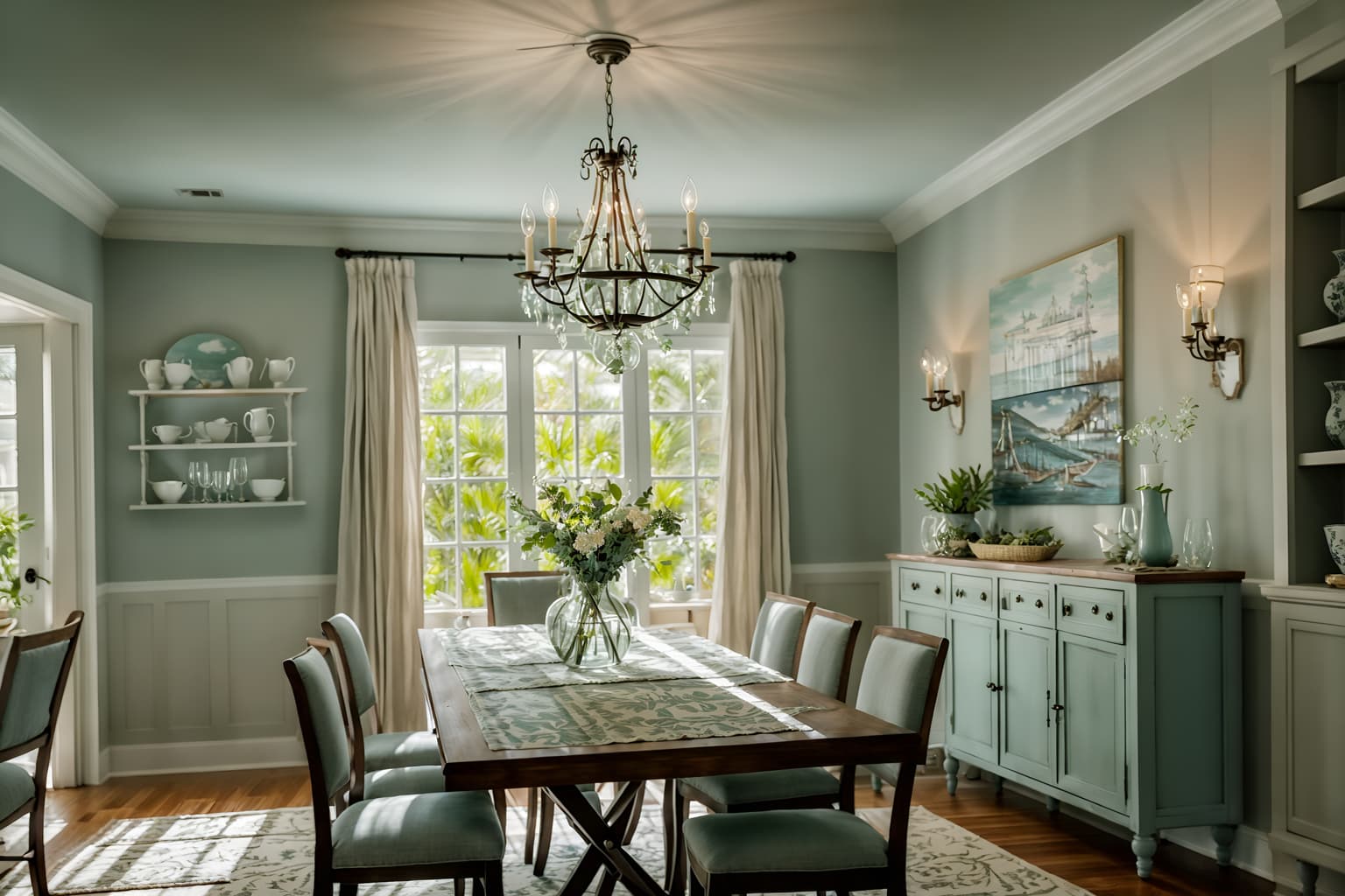 coastal-style (dining room interior) with dining table and painting or photo on wall and vase and table cloth and bookshelves and plant and light or chandelier and plates, cutlery and glasses on dining table. . with . . cinematic photo, highly detailed, cinematic lighting, ultra-detailed, ultrarealistic, photorealism, 8k. coastal interior design style. masterpiece, cinematic light, ultrarealistic+, photorealistic+, 8k, raw photo, realistic, sharp focus on eyes, (symmetrical eyes), (intact eyes), hyperrealistic, highest quality, best quality, , highly detailed, masterpiece, best quality, extremely detailed 8k wallpaper, masterpiece, best quality, ultra-detailed, best shadow, detailed background, detailed face, detailed eyes, high contrast, best illumination, detailed face, dulux, caustic, dynamic angle, detailed glow. dramatic lighting. highly detailed, insanely detailed hair, symmetrical, intricate details, professionally retouched, 8k high definition. strong bokeh. award winning photo.
