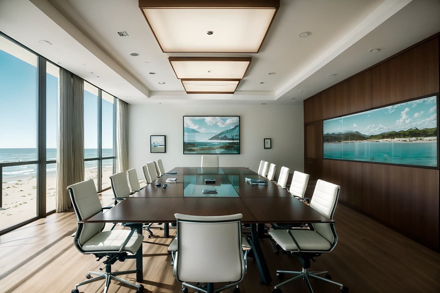 coastal-style (meeting room interior) with boardroom table and office chairs and painting or photo on wall and glass doors and glass walls and cabinets and plant and vase. . with . . cinematic photo, highly detailed, cinematic lighting, ultra-detailed, ultrarealistic, photorealism, 8k. coastal interior design style. masterpiece, cinematic light, ultrarealistic+, photorealistic+, 8k, raw photo, realistic, sharp focus on eyes, (symmetrical eyes), (intact eyes), hyperrealistic, highest quality, best quality, , highly detailed, masterpiece, best quality, extremely detailed 8k wallpaper, masterpiece, best quality, ultra-detailed, best shadow, detailed background, detailed face, detailed eyes, high contrast, best illumination, detailed face, dulux, caustic, dynamic angle, detailed glow. dramatic lighting. highly detailed, insanely detailed hair, symmetrical, intricate details, professionally retouched, 8k high definition. strong bokeh. award winning photo.