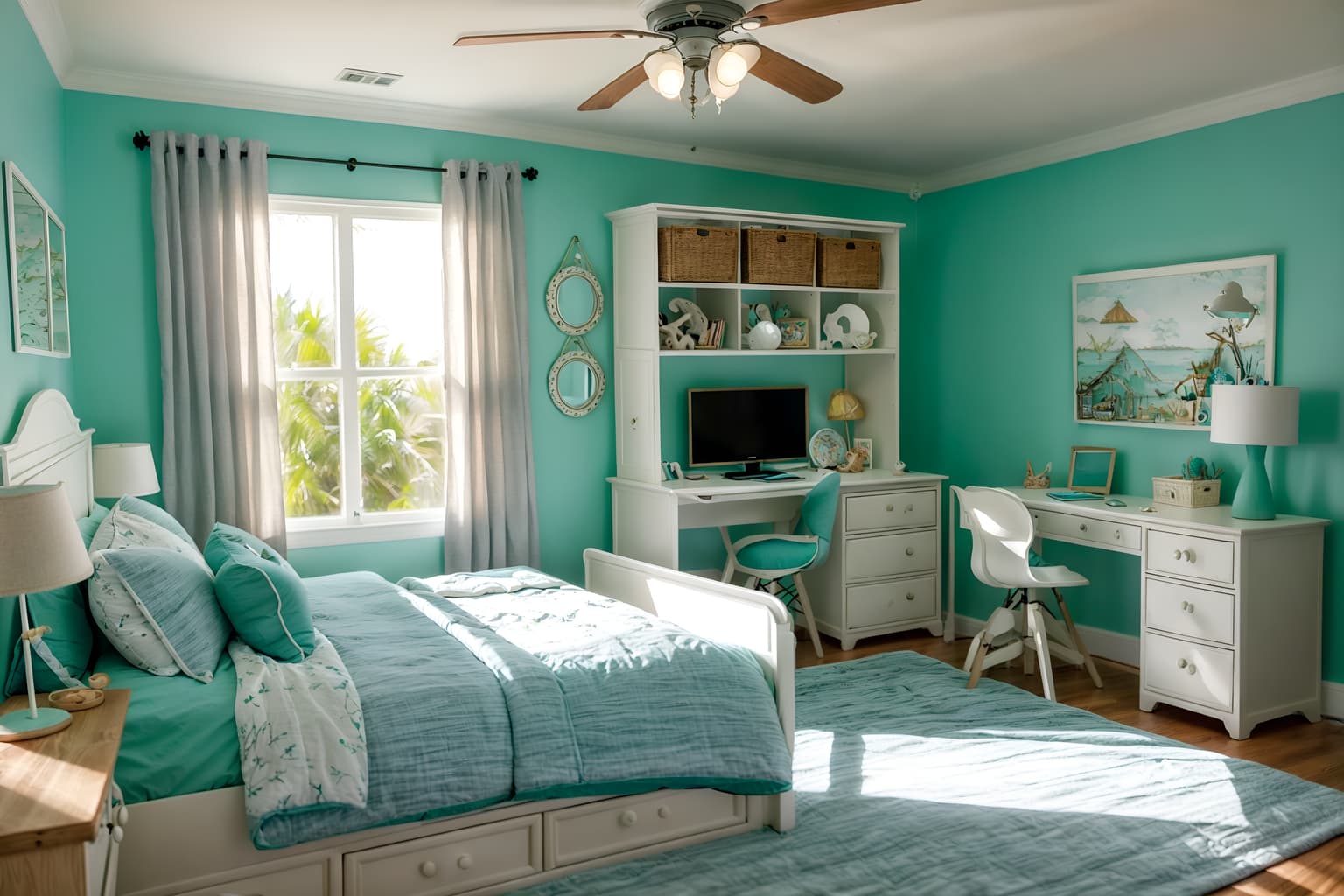 coastal-style (kids room interior) with bed and kids desk and dresser closet and storage bench or ottoman and night light and mirror and headboard and bedside table or night stand. . with . . cinematic photo, highly detailed, cinematic lighting, ultra-detailed, ultrarealistic, photorealism, 8k. coastal interior design style. masterpiece, cinematic light, ultrarealistic+, photorealistic+, 8k, raw photo, realistic, sharp focus on eyes, (symmetrical eyes), (intact eyes), hyperrealistic, highest quality, best quality, , highly detailed, masterpiece, best quality, extremely detailed 8k wallpaper, masterpiece, best quality, ultra-detailed, best shadow, detailed background, detailed face, detailed eyes, high contrast, best illumination, detailed face, dulux, caustic, dynamic angle, detailed glow. dramatic lighting. highly detailed, insanely detailed hair, symmetrical, intricate details, professionally retouched, 8k high definition. strong bokeh. award winning photo.