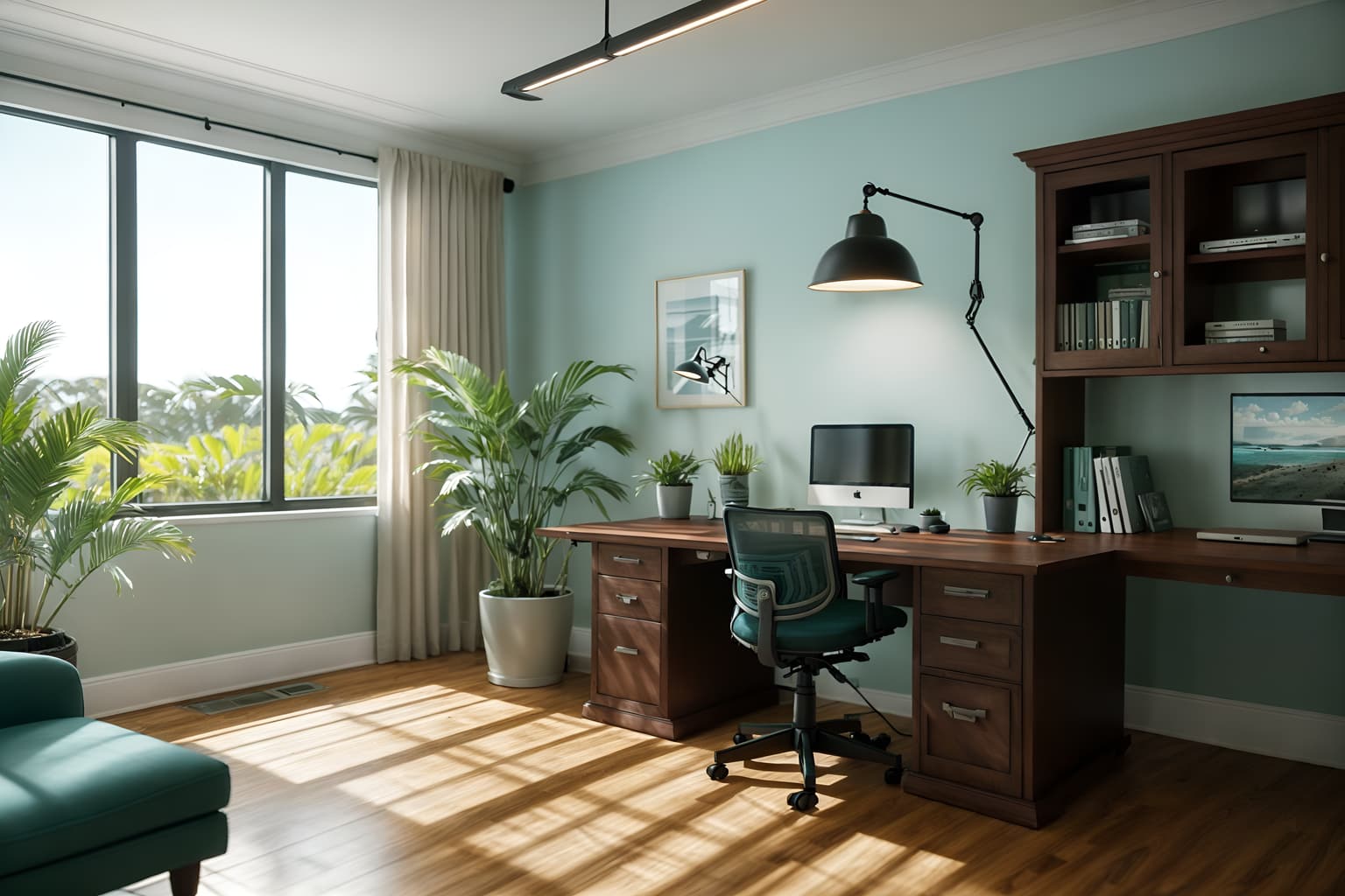 coastal-style (office interior) with cabinets and office desks and desk lamps and computer desks and office chairs and windows and seating area with sofa and plants. . with . . cinematic photo, highly detailed, cinematic lighting, ultra-detailed, ultrarealistic, photorealism, 8k. coastal interior design style. masterpiece, cinematic light, ultrarealistic+, photorealistic+, 8k, raw photo, realistic, sharp focus on eyes, (symmetrical eyes), (intact eyes), hyperrealistic, highest quality, best quality, , highly detailed, masterpiece, best quality, extremely detailed 8k wallpaper, masterpiece, best quality, ultra-detailed, best shadow, detailed background, detailed face, detailed eyes, high contrast, best illumination, detailed face, dulux, caustic, dynamic angle, detailed glow. dramatic lighting. highly detailed, insanely detailed hair, symmetrical, intricate details, professionally retouched, 8k high definition. strong bokeh. award winning photo.
