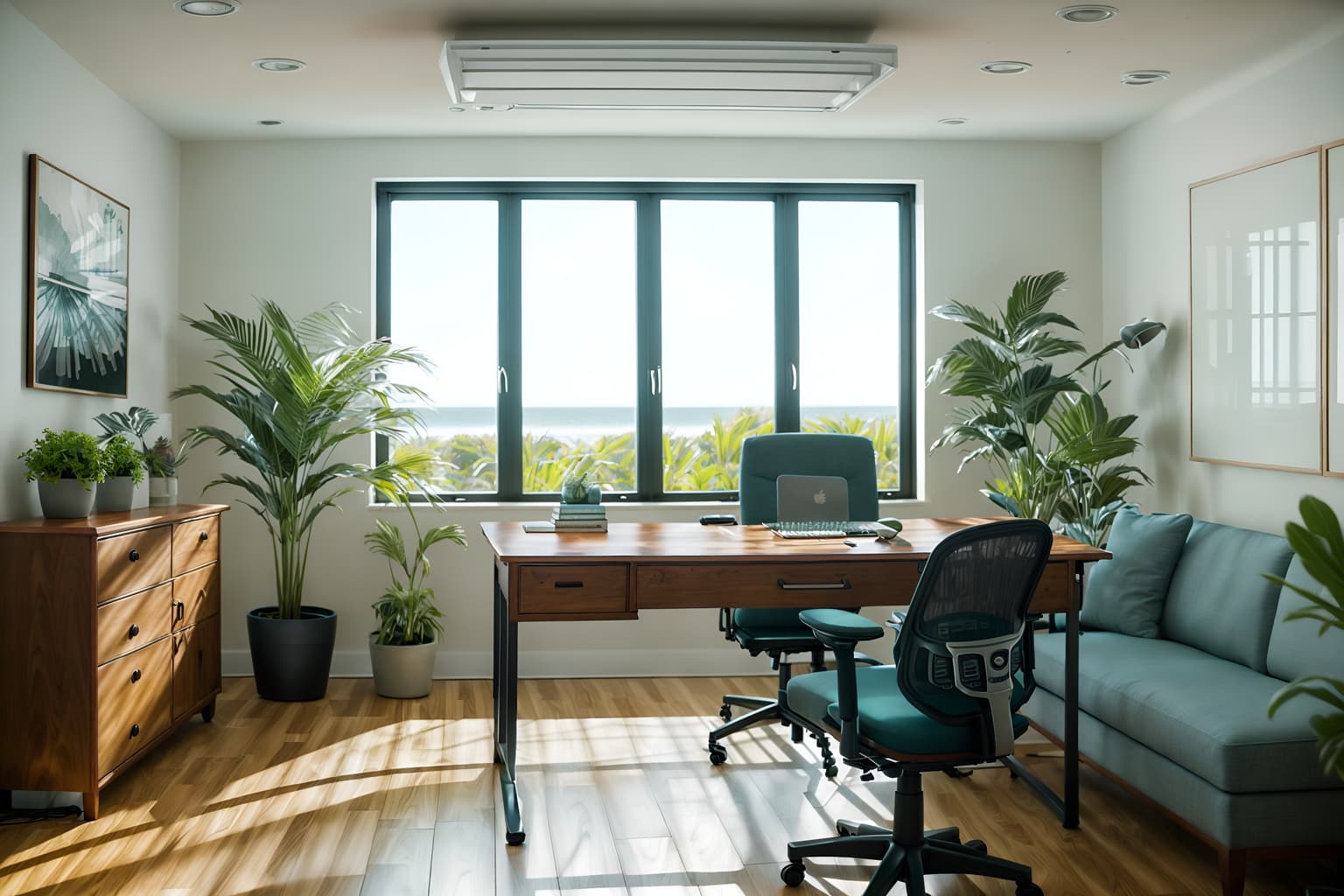 coastal-style (office interior) with cabinets and office desks and desk lamps and computer desks and office chairs and windows and seating area with sofa and plants. . with . . cinematic photo, highly detailed, cinematic lighting, ultra-detailed, ultrarealistic, photorealism, 8k. coastal interior design style. masterpiece, cinematic light, ultrarealistic+, photorealistic+, 8k, raw photo, realistic, sharp focus on eyes, (symmetrical eyes), (intact eyes), hyperrealistic, highest quality, best quality, , highly detailed, masterpiece, best quality, extremely detailed 8k wallpaper, masterpiece, best quality, ultra-detailed, best shadow, detailed background, detailed face, detailed eyes, high contrast, best illumination, detailed face, dulux, caustic, dynamic angle, detailed glow. dramatic lighting. highly detailed, insanely detailed hair, symmetrical, intricate details, professionally retouched, 8k high definition. strong bokeh. award winning photo.