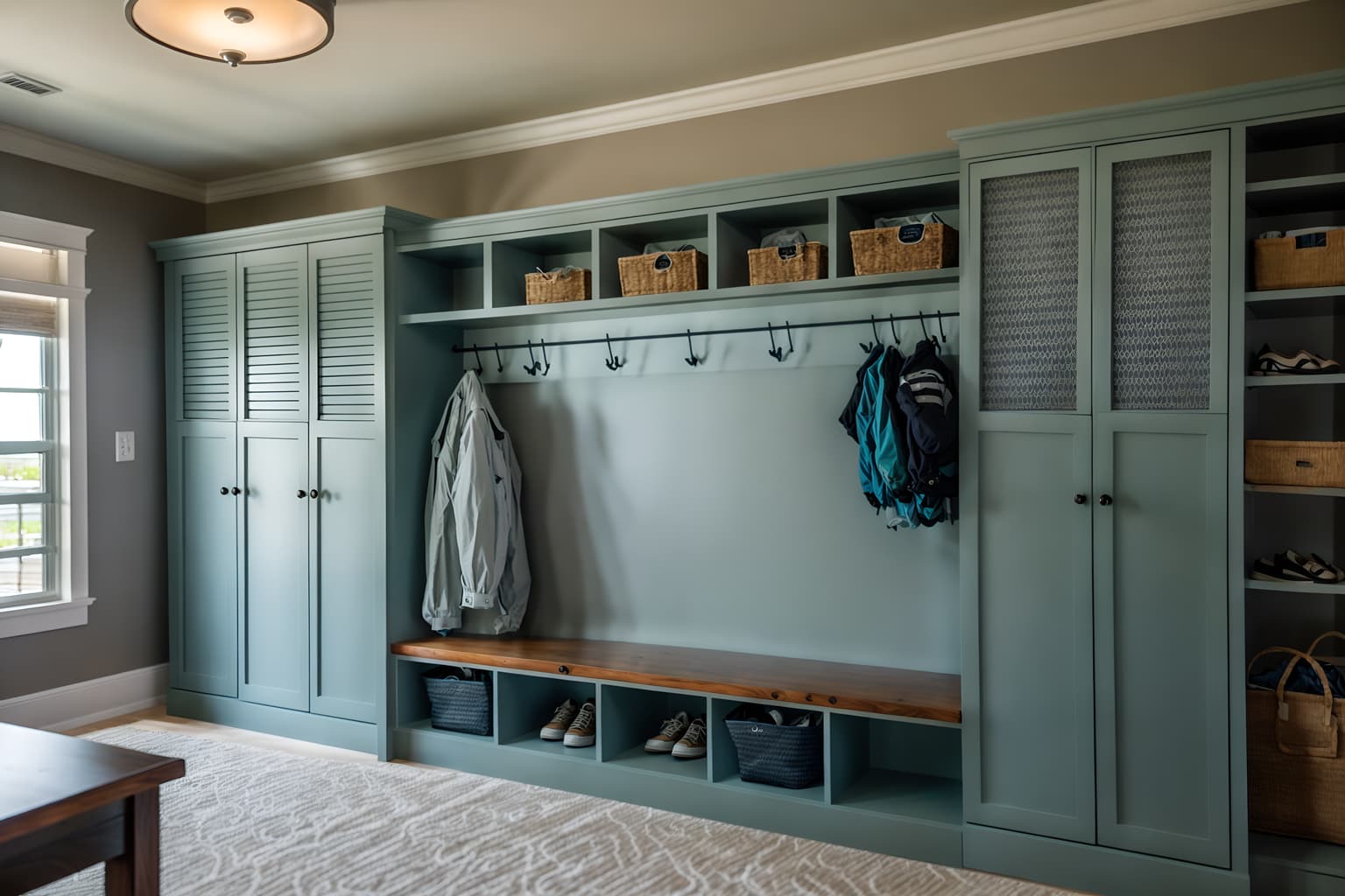 coastal-style (drop zone interior) with cubbies and cabinets and a bench and shelves for shoes and lockers and storage baskets and high up storage and storage drawers. . with . . cinematic photo, highly detailed, cinematic lighting, ultra-detailed, ultrarealistic, photorealism, 8k. coastal interior design style. masterpiece, cinematic light, ultrarealistic+, photorealistic+, 8k, raw photo, realistic, sharp focus on eyes, (symmetrical eyes), (intact eyes), hyperrealistic, highest quality, best quality, , highly detailed, masterpiece, best quality, extremely detailed 8k wallpaper, masterpiece, best quality, ultra-detailed, best shadow, detailed background, detailed face, detailed eyes, high contrast, best illumination, detailed face, dulux, caustic, dynamic angle, detailed glow. dramatic lighting. highly detailed, insanely detailed hair, symmetrical, intricate details, professionally retouched, 8k high definition. strong bokeh. award winning photo.