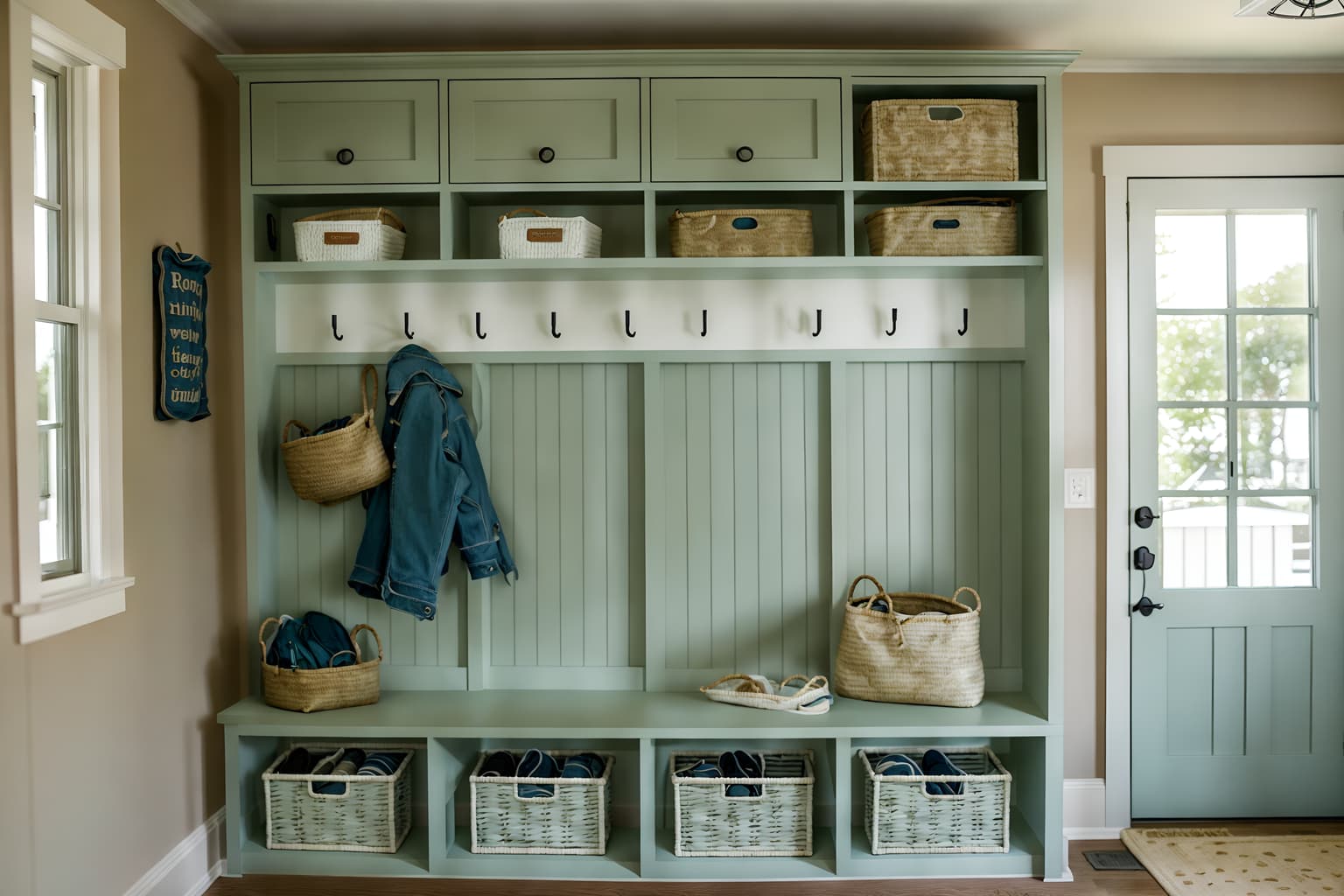 coastal-style (mudroom interior) with wall hooks for coats and cubbies and storage baskets and cabinets and high up storage and shelves for shoes and a bench and storage drawers. . with . . cinematic photo, highly detailed, cinematic lighting, ultra-detailed, ultrarealistic, photorealism, 8k. coastal interior design style. masterpiece, cinematic light, ultrarealistic+, photorealistic+, 8k, raw photo, realistic, sharp focus on eyes, (symmetrical eyes), (intact eyes), hyperrealistic, highest quality, best quality, , highly detailed, masterpiece, best quality, extremely detailed 8k wallpaper, masterpiece, best quality, ultra-detailed, best shadow, detailed background, detailed face, detailed eyes, high contrast, best illumination, detailed face, dulux, caustic, dynamic angle, detailed glow. dramatic lighting. highly detailed, insanely detailed hair, symmetrical, intricate details, professionally retouched, 8k high definition. strong bokeh. award winning photo.