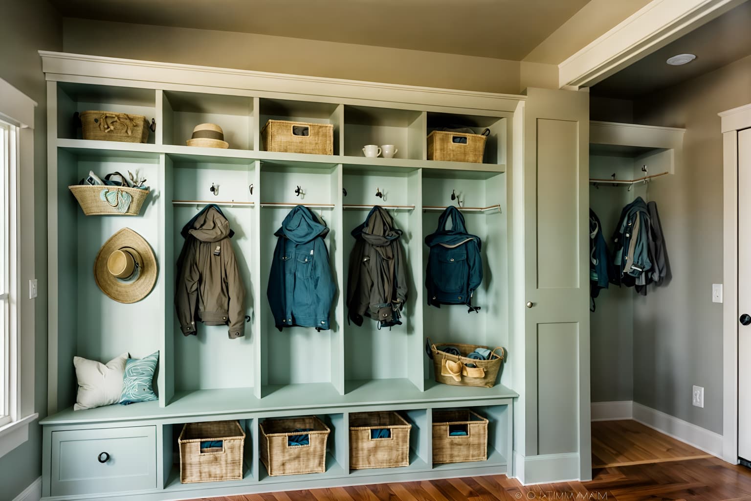 coastal-style (mudroom interior) with wall hooks for coats and cubbies and storage baskets and cabinets and high up storage and shelves for shoes and a bench and storage drawers. . with . . cinematic photo, highly detailed, cinematic lighting, ultra-detailed, ultrarealistic, photorealism, 8k. coastal interior design style. masterpiece, cinematic light, ultrarealistic+, photorealistic+, 8k, raw photo, realistic, sharp focus on eyes, (symmetrical eyes), (intact eyes), hyperrealistic, highest quality, best quality, , highly detailed, masterpiece, best quality, extremely detailed 8k wallpaper, masterpiece, best quality, ultra-detailed, best shadow, detailed background, detailed face, detailed eyes, high contrast, best illumination, detailed face, dulux, caustic, dynamic angle, detailed glow. dramatic lighting. highly detailed, insanely detailed hair, symmetrical, intricate details, professionally retouched, 8k high definition. strong bokeh. award winning photo.