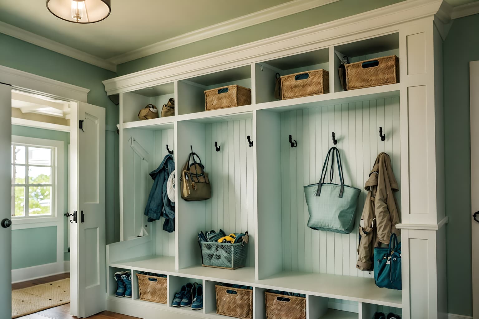 coastal-style (mudroom interior) with wall hooks for coats and cubbies and storage baskets and cabinets and high up storage and shelves for shoes and a bench and storage drawers. . with . . cinematic photo, highly detailed, cinematic lighting, ultra-detailed, ultrarealistic, photorealism, 8k. coastal interior design style. masterpiece, cinematic light, ultrarealistic+, photorealistic+, 8k, raw photo, realistic, sharp focus on eyes, (symmetrical eyes), (intact eyes), hyperrealistic, highest quality, best quality, , highly detailed, masterpiece, best quality, extremely detailed 8k wallpaper, masterpiece, best quality, ultra-detailed, best shadow, detailed background, detailed face, detailed eyes, high contrast, best illumination, detailed face, dulux, caustic, dynamic angle, detailed glow. dramatic lighting. highly detailed, insanely detailed hair, symmetrical, intricate details, professionally retouched, 8k high definition. strong bokeh. award winning photo.