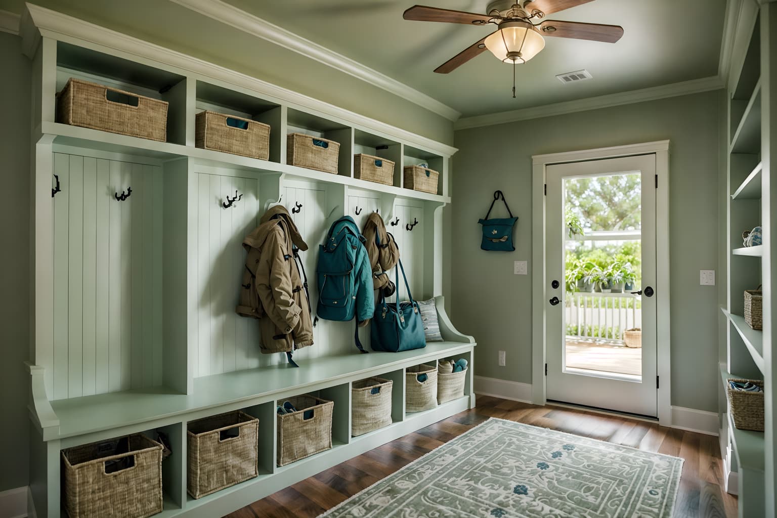 coastal-style (mudroom interior) with wall hooks for coats and cubbies and storage baskets and cabinets and high up storage and shelves for shoes and a bench and storage drawers. . with . . cinematic photo, highly detailed, cinematic lighting, ultra-detailed, ultrarealistic, photorealism, 8k. coastal interior design style. masterpiece, cinematic light, ultrarealistic+, photorealistic+, 8k, raw photo, realistic, sharp focus on eyes, (symmetrical eyes), (intact eyes), hyperrealistic, highest quality, best quality, , highly detailed, masterpiece, best quality, extremely detailed 8k wallpaper, masterpiece, best quality, ultra-detailed, best shadow, detailed background, detailed face, detailed eyes, high contrast, best illumination, detailed face, dulux, caustic, dynamic angle, detailed glow. dramatic lighting. highly detailed, insanely detailed hair, symmetrical, intricate details, professionally retouched, 8k high definition. strong bokeh. award winning photo.