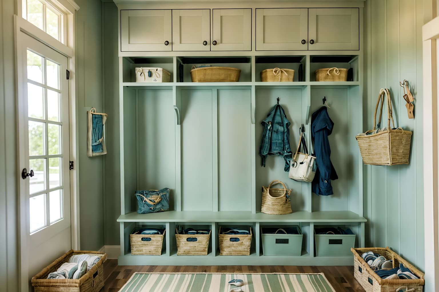 coastal-style (mudroom interior) with wall hooks for coats and cubbies and storage baskets and cabinets and high up storage and shelves for shoes and a bench and storage drawers. . with . . cinematic photo, highly detailed, cinematic lighting, ultra-detailed, ultrarealistic, photorealism, 8k. coastal interior design style. masterpiece, cinematic light, ultrarealistic+, photorealistic+, 8k, raw photo, realistic, sharp focus on eyes, (symmetrical eyes), (intact eyes), hyperrealistic, highest quality, best quality, , highly detailed, masterpiece, best quality, extremely detailed 8k wallpaper, masterpiece, best quality, ultra-detailed, best shadow, detailed background, detailed face, detailed eyes, high contrast, best illumination, detailed face, dulux, caustic, dynamic angle, detailed glow. dramatic lighting. highly detailed, insanely detailed hair, symmetrical, intricate details, professionally retouched, 8k high definition. strong bokeh. award winning photo.