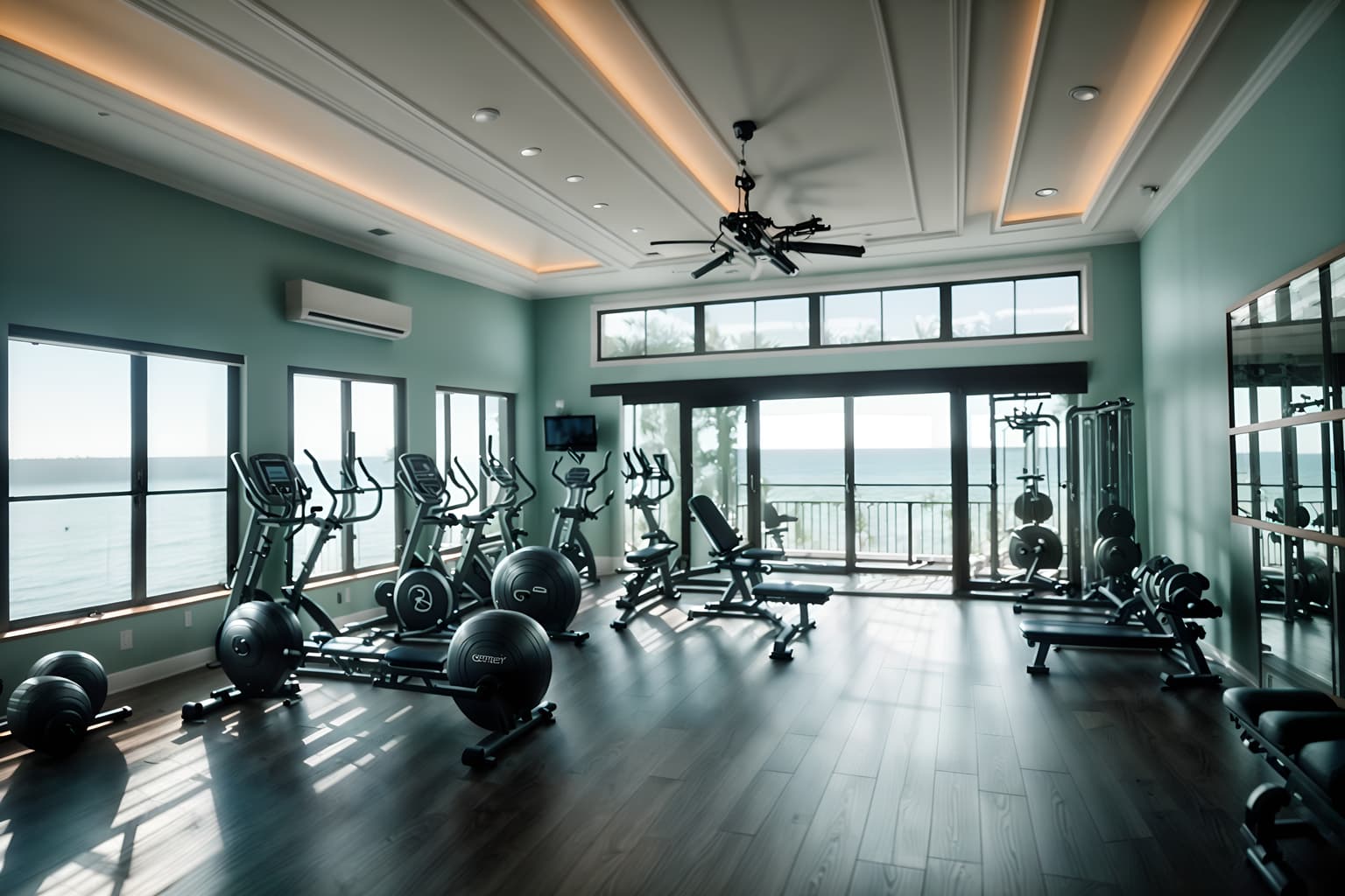 coastal-style (fitness gym interior) with exercise bicycle and squat rack and crosstrainer and bench press and dumbbell stand and exercise bicycle. . with . . cinematic photo, highly detailed, cinematic lighting, ultra-detailed, ultrarealistic, photorealism, 8k. coastal interior design style. masterpiece, cinematic light, ultrarealistic+, photorealistic+, 8k, raw photo, realistic, sharp focus on eyes, (symmetrical eyes), (intact eyes), hyperrealistic, highest quality, best quality, , highly detailed, masterpiece, best quality, extremely detailed 8k wallpaper, masterpiece, best quality, ultra-detailed, best shadow, detailed background, detailed face, detailed eyes, high contrast, best illumination, detailed face, dulux, caustic, dynamic angle, detailed glow. dramatic lighting. highly detailed, insanely detailed hair, symmetrical, intricate details, professionally retouched, 8k high definition. strong bokeh. award winning photo.