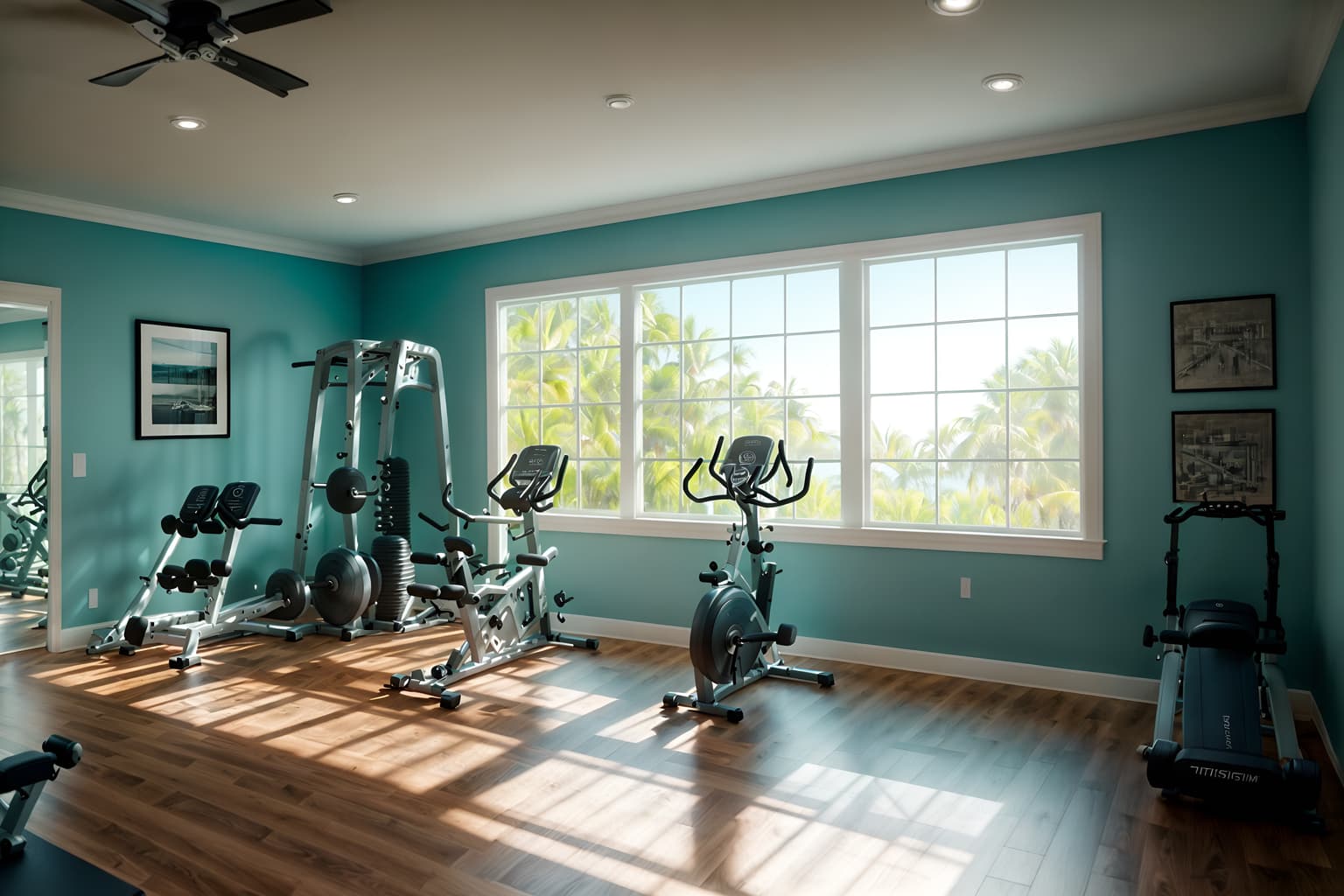 coastal-style (fitness gym interior) with exercise bicycle and squat rack and crosstrainer and bench press and dumbbell stand and exercise bicycle. . with . . cinematic photo, highly detailed, cinematic lighting, ultra-detailed, ultrarealistic, photorealism, 8k. coastal interior design style. masterpiece, cinematic light, ultrarealistic+, photorealistic+, 8k, raw photo, realistic, sharp focus on eyes, (symmetrical eyes), (intact eyes), hyperrealistic, highest quality, best quality, , highly detailed, masterpiece, best quality, extremely detailed 8k wallpaper, masterpiece, best quality, ultra-detailed, best shadow, detailed background, detailed face, detailed eyes, high contrast, best illumination, detailed face, dulux, caustic, dynamic angle, detailed glow. dramatic lighting. highly detailed, insanely detailed hair, symmetrical, intricate details, professionally retouched, 8k high definition. strong bokeh. award winning photo.