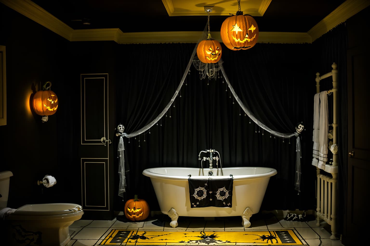 halloween-style (hotel bathroom interior) with bathroom sink with faucet and bathtub and bathroom cabinet and shower and bath rail and bath towel and waste basket and toilet seat. . with lanterns and spiderwebs and human skulls and yellow black balloons and lanterns and cobwebs and skeletons sitting and standing and glowing pumpkins. . cinematic photo, highly detailed, cinematic lighting, ultra-detailed, ultrarealistic, photorealism, 8k. halloween interior design style. masterpiece, cinematic light, ultrarealistic+, photorealistic+, 8k, raw photo, realistic, sharp focus on eyes, (symmetrical eyes), (intact eyes), hyperrealistic, highest quality, best quality, , highly detailed, masterpiece, best quality, extremely detailed 8k wallpaper, masterpiece, best quality, ultra-detailed, best shadow, detailed background, detailed face, detailed eyes, high contrast, best illumination, detailed face, dulux, caustic, dynamic angle, detailed glow. dramatic lighting. highly detailed, insanely detailed hair, symmetrical, intricate details, professionally retouched, 8k high definition. strong bokeh. award winning photo.