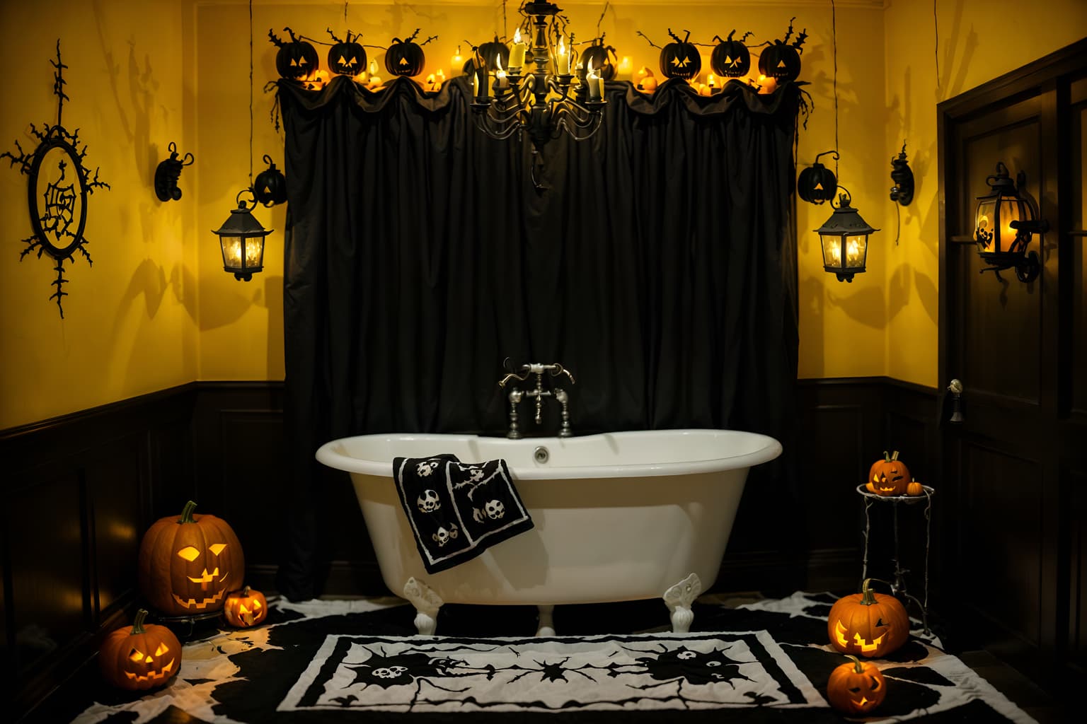 halloween-style (hotel bathroom interior) with bathroom sink with faucet and bathtub and bathroom cabinet and shower and bath rail and bath towel and waste basket and toilet seat. . with lanterns and spiderwebs and human skulls and yellow black balloons and lanterns and cobwebs and skeletons sitting and standing and glowing pumpkins. . cinematic photo, highly detailed, cinematic lighting, ultra-detailed, ultrarealistic, photorealism, 8k. halloween interior design style. masterpiece, cinematic light, ultrarealistic+, photorealistic+, 8k, raw photo, realistic, sharp focus on eyes, (symmetrical eyes), (intact eyes), hyperrealistic, highest quality, best quality, , highly detailed, masterpiece, best quality, extremely detailed 8k wallpaper, masterpiece, best quality, ultra-detailed, best shadow, detailed background, detailed face, detailed eyes, high contrast, best illumination, detailed face, dulux, caustic, dynamic angle, detailed glow. dramatic lighting. highly detailed, insanely detailed hair, symmetrical, intricate details, professionally retouched, 8k high definition. strong bokeh. award winning photo.
