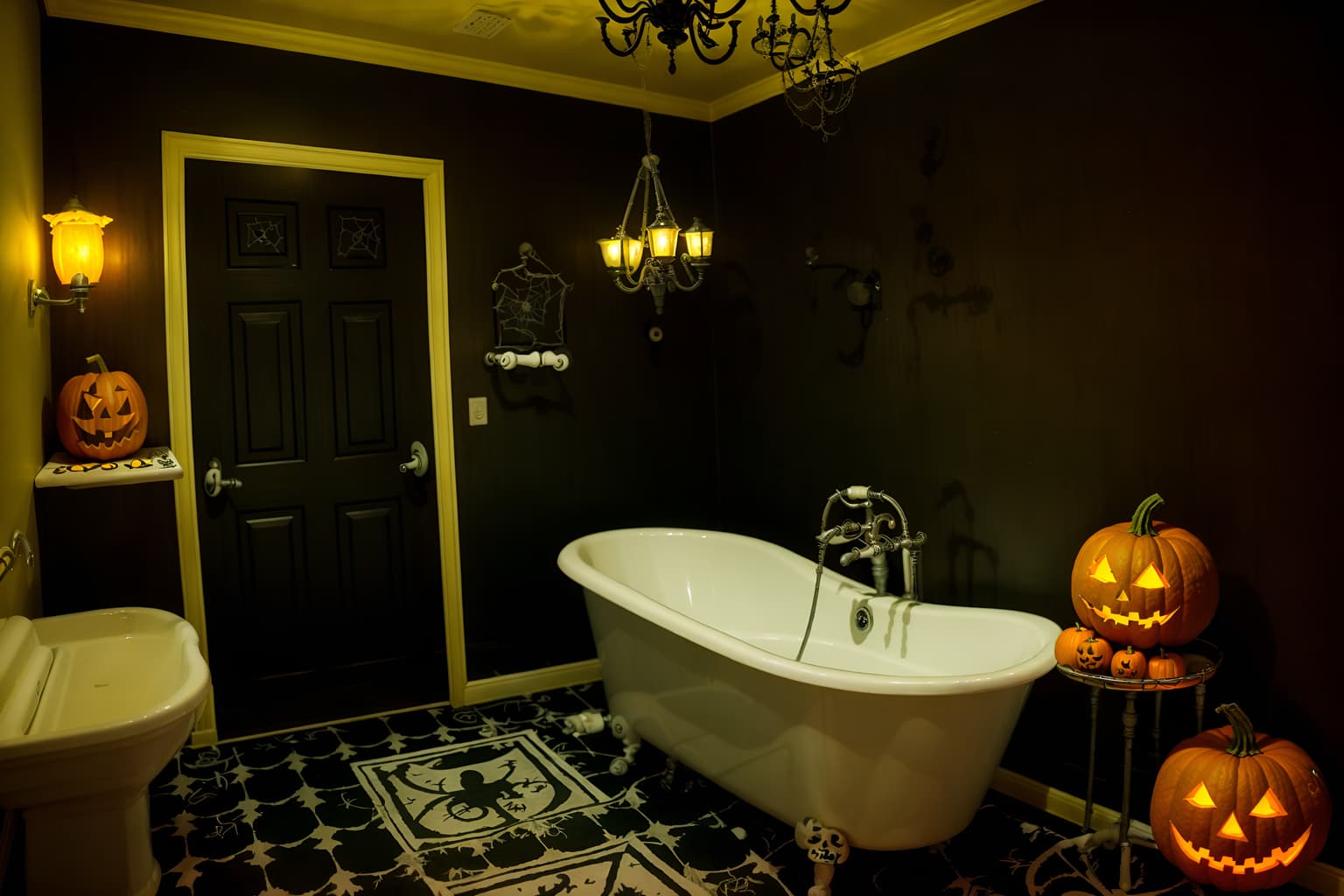 halloween-style (hotel bathroom interior) with bathroom sink with faucet and bathtub and bathroom cabinet and shower and bath rail and bath towel and waste basket and toilet seat. . with lanterns and spiderwebs and human skulls and yellow black balloons and lanterns and cobwebs and skeletons sitting and standing and glowing pumpkins. . cinematic photo, highly detailed, cinematic lighting, ultra-detailed, ultrarealistic, photorealism, 8k. halloween interior design style. masterpiece, cinematic light, ultrarealistic+, photorealistic+, 8k, raw photo, realistic, sharp focus on eyes, (symmetrical eyes), (intact eyes), hyperrealistic, highest quality, best quality, , highly detailed, masterpiece, best quality, extremely detailed 8k wallpaper, masterpiece, best quality, ultra-detailed, best shadow, detailed background, detailed face, detailed eyes, high contrast, best illumination, detailed face, dulux, caustic, dynamic angle, detailed glow. dramatic lighting. highly detailed, insanely detailed hair, symmetrical, intricate details, professionally retouched, 8k high definition. strong bokeh. award winning photo.