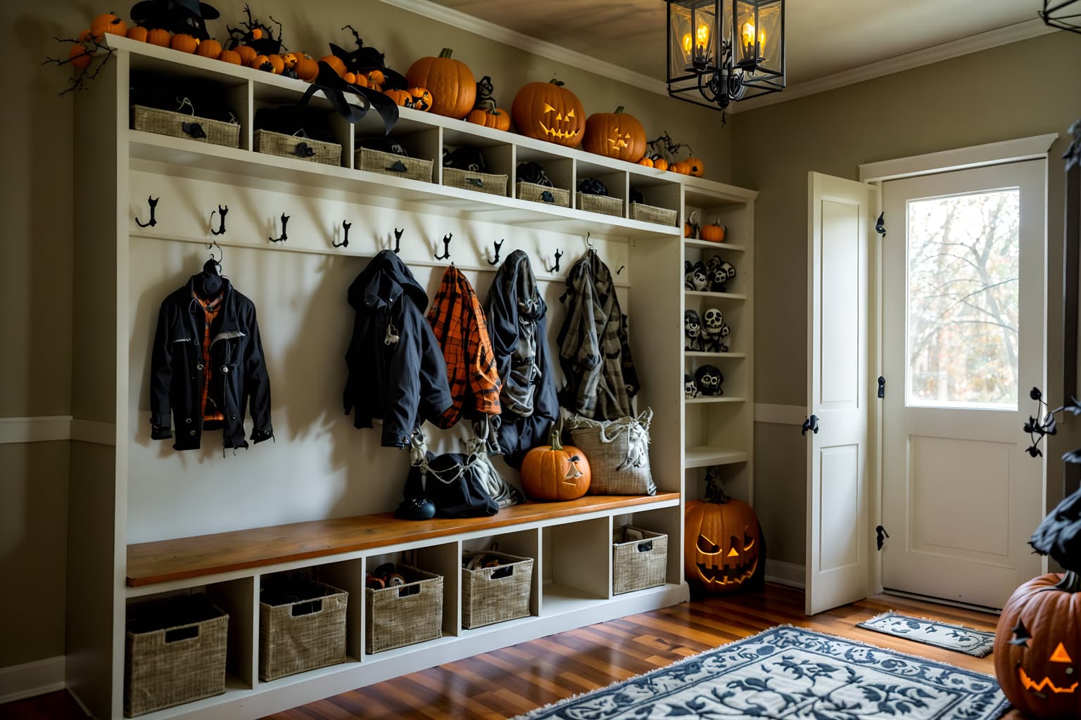 halloween-style (mudroom interior) with storage drawers and wall hooks for coats and high up storage and a bench and cubbies and storage baskets and cabinets and shelves for shoes. . with cobwebs and lanterns and cobwebs and spiderwebs and lanterns and skeletons sitting and standing and human skulls and glowing pumpkins. . cinematic photo, highly detailed, cinematic lighting, ultra-detailed, ultrarealistic, photorealism, 8k. halloween interior design style. masterpiece, cinematic light, ultrarealistic+, photorealistic+, 8k, raw photo, realistic, sharp focus on eyes, (symmetrical eyes), (intact eyes), hyperrealistic, highest quality, best quality, , highly detailed, masterpiece, best quality, extremely detailed 8k wallpaper, masterpiece, best quality, ultra-detailed, best shadow, detailed background, detailed face, detailed eyes, high contrast, best illumination, detailed face, dulux, caustic, dynamic angle, detailed glow. dramatic lighting. highly detailed, insanely detailed hair, symmetrical, intricate details, professionally retouched, 8k high definition. strong bokeh. award winning photo.