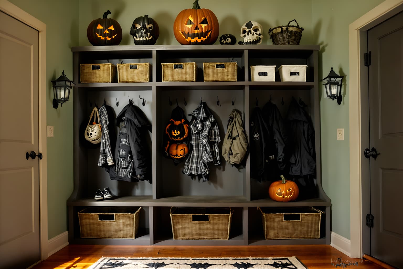 halloween-style (mudroom interior) with storage drawers and wall hooks for coats and high up storage and a bench and cubbies and storage baskets and cabinets and shelves for shoes. . with cobwebs and lanterns and cobwebs and spiderwebs and lanterns and skeletons sitting and standing and human skulls and glowing pumpkins. . cinematic photo, highly detailed, cinematic lighting, ultra-detailed, ultrarealistic, photorealism, 8k. halloween interior design style. masterpiece, cinematic light, ultrarealistic+, photorealistic+, 8k, raw photo, realistic, sharp focus on eyes, (symmetrical eyes), (intact eyes), hyperrealistic, highest quality, best quality, , highly detailed, masterpiece, best quality, extremely detailed 8k wallpaper, masterpiece, best quality, ultra-detailed, best shadow, detailed background, detailed face, detailed eyes, high contrast, best illumination, detailed face, dulux, caustic, dynamic angle, detailed glow. dramatic lighting. highly detailed, insanely detailed hair, symmetrical, intricate details, professionally retouched, 8k high definition. strong bokeh. award winning photo.