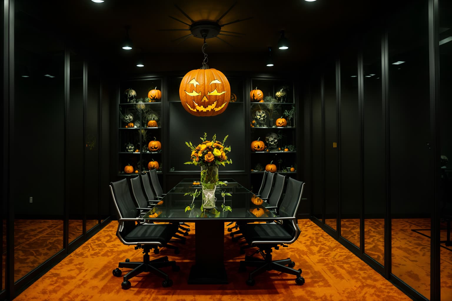 halloween-style (meeting room interior) with plant and glass walls and cabinets and boardroom table and office chairs and glass doors and vase and painting or photo on wall. . with cobwebs and glowing pumpkins and lanterns and spiderwebs and human skulls and lanterns and yellow black balloons and skeletons sitting and standing. . cinematic photo, highly detailed, cinematic lighting, ultra-detailed, ultrarealistic, photorealism, 8k. halloween interior design style. masterpiece, cinematic light, ultrarealistic+, photorealistic+, 8k, raw photo, realistic, sharp focus on eyes, (symmetrical eyes), (intact eyes), hyperrealistic, highest quality, best quality, , highly detailed, masterpiece, best quality, extremely detailed 8k wallpaper, masterpiece, best quality, ultra-detailed, best shadow, detailed background, detailed face, detailed eyes, high contrast, best illumination, detailed face, dulux, caustic, dynamic angle, detailed glow. dramatic lighting. highly detailed, insanely detailed hair, symmetrical, intricate details, professionally retouched, 8k high definition. strong bokeh. award winning photo.