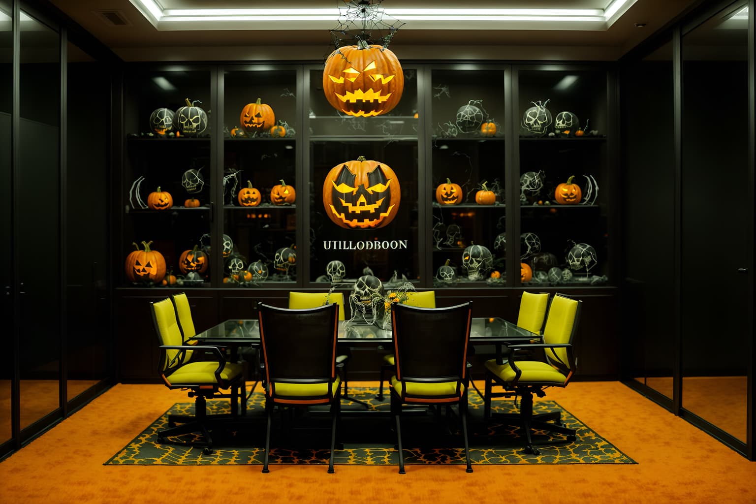 halloween-style (meeting room interior) with plant and glass walls and cabinets and boardroom table and office chairs and glass doors and vase and painting or photo on wall. . with cobwebs and glowing pumpkins and lanterns and spiderwebs and human skulls and lanterns and yellow black balloons and skeletons sitting and standing. . cinematic photo, highly detailed, cinematic lighting, ultra-detailed, ultrarealistic, photorealism, 8k. halloween interior design style. masterpiece, cinematic light, ultrarealistic+, photorealistic+, 8k, raw photo, realistic, sharp focus on eyes, (symmetrical eyes), (intact eyes), hyperrealistic, highest quality, best quality, , highly detailed, masterpiece, best quality, extremely detailed 8k wallpaper, masterpiece, best quality, ultra-detailed, best shadow, detailed background, detailed face, detailed eyes, high contrast, best illumination, detailed face, dulux, caustic, dynamic angle, detailed glow. dramatic lighting. highly detailed, insanely detailed hair, symmetrical, intricate details, professionally retouched, 8k high definition. strong bokeh. award winning photo.