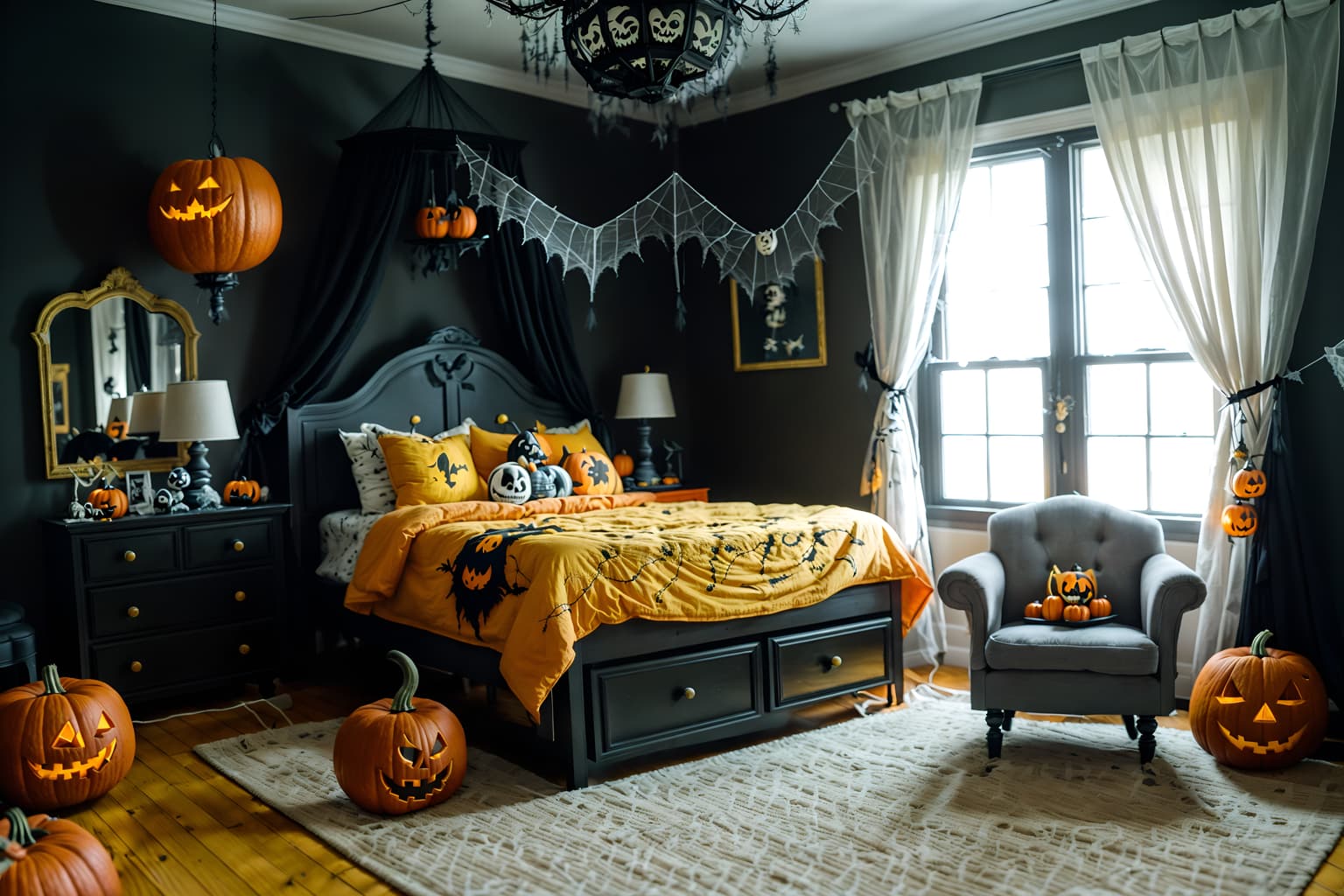 halloween-style (kids room interior) with accent chair and night light and mirror and bed and storage bench or ottoman and bedside table or night stand and dresser closet and plant. . with cobwebs and lanterns and spiderwebs and yellow black balloons and glowing pumpkins and skeletons sitting and standing and lanterns and cobwebs. . cinematic photo, highly detailed, cinematic lighting, ultra-detailed, ultrarealistic, photorealism, 8k. halloween interior design style. masterpiece, cinematic light, ultrarealistic+, photorealistic+, 8k, raw photo, realistic, sharp focus on eyes, (symmetrical eyes), (intact eyes), hyperrealistic, highest quality, best quality, , highly detailed, masterpiece, best quality, extremely detailed 8k wallpaper, masterpiece, best quality, ultra-detailed, best shadow, detailed background, detailed face, detailed eyes, high contrast, best illumination, detailed face, dulux, caustic, dynamic angle, detailed glow. dramatic lighting. highly detailed, insanely detailed hair, symmetrical, intricate details, professionally retouched, 8k high definition. strong bokeh. award winning photo.