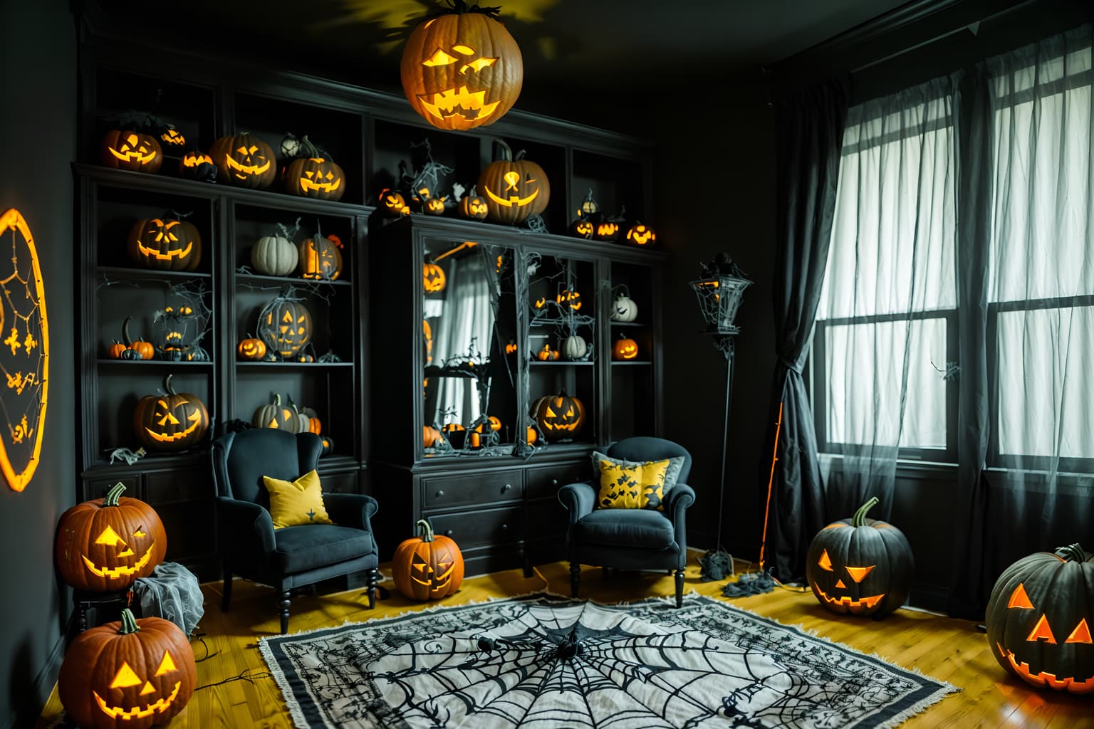 halloween-style (kids room interior) with accent chair and night light and mirror and bed and storage bench or ottoman and bedside table or night stand and dresser closet and plant. . with cobwebs and lanterns and spiderwebs and yellow black balloons and glowing pumpkins and skeletons sitting and standing and lanterns and cobwebs. . cinematic photo, highly detailed, cinematic lighting, ultra-detailed, ultrarealistic, photorealism, 8k. halloween interior design style. masterpiece, cinematic light, ultrarealistic+, photorealistic+, 8k, raw photo, realistic, sharp focus on eyes, (symmetrical eyes), (intact eyes), hyperrealistic, highest quality, best quality, , highly detailed, masterpiece, best quality, extremely detailed 8k wallpaper, masterpiece, best quality, ultra-detailed, best shadow, detailed background, detailed face, detailed eyes, high contrast, best illumination, detailed face, dulux, caustic, dynamic angle, detailed glow. dramatic lighting. highly detailed, insanely detailed hair, symmetrical, intricate details, professionally retouched, 8k high definition. strong bokeh. award winning photo.