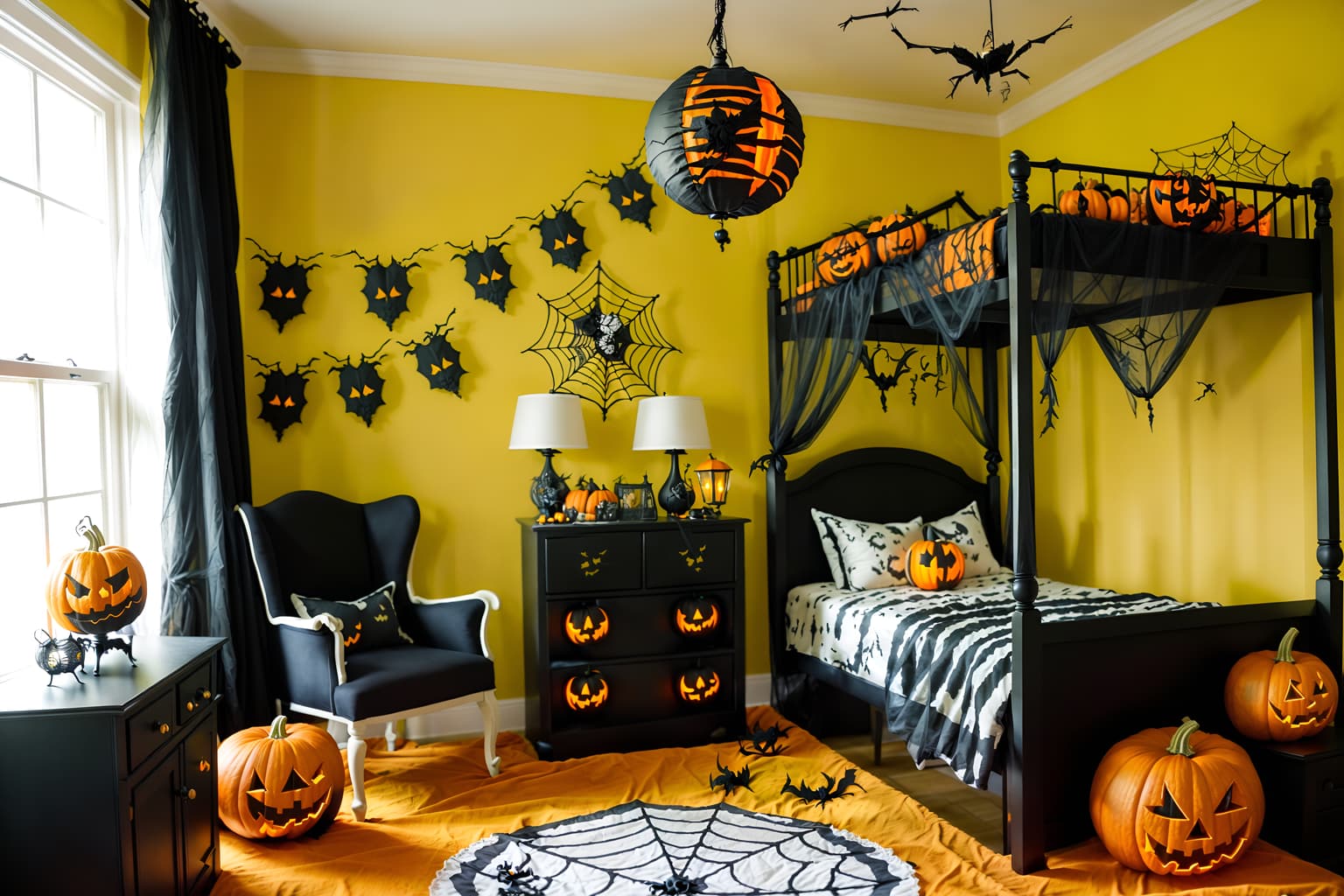 halloween-style (kids room interior) with accent chair and night light and mirror and bed and storage bench or ottoman and bedside table or night stand and dresser closet and plant. . with cobwebs and lanterns and spiderwebs and yellow black balloons and glowing pumpkins and skeletons sitting and standing and lanterns and cobwebs. . cinematic photo, highly detailed, cinematic lighting, ultra-detailed, ultrarealistic, photorealism, 8k. halloween interior design style. masterpiece, cinematic light, ultrarealistic+, photorealistic+, 8k, raw photo, realistic, sharp focus on eyes, (symmetrical eyes), (intact eyes), hyperrealistic, highest quality, best quality, , highly detailed, masterpiece, best quality, extremely detailed 8k wallpaper, masterpiece, best quality, ultra-detailed, best shadow, detailed background, detailed face, detailed eyes, high contrast, best illumination, detailed face, dulux, caustic, dynamic angle, detailed glow. dramatic lighting. highly detailed, insanely detailed hair, symmetrical, intricate details, professionally retouched, 8k high definition. strong bokeh. award winning photo.
