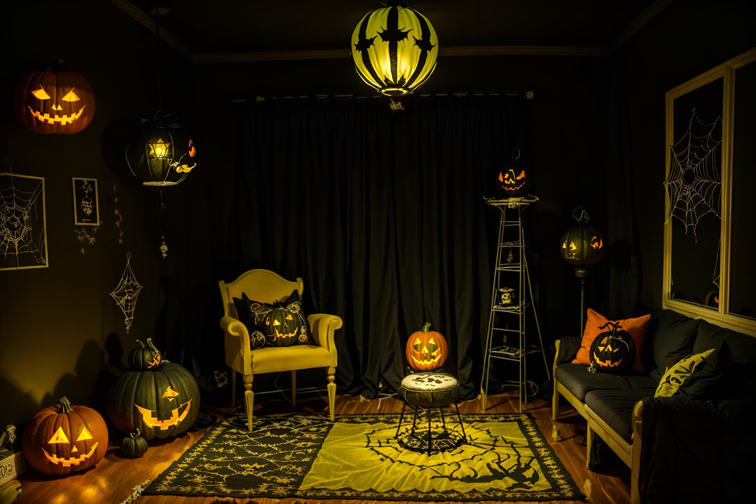 halloween-style (kids room interior) with accent chair and night light and mirror and bed and storage bench or ottoman and bedside table or night stand and dresser closet and plant. . with cobwebs and lanterns and spiderwebs and yellow black balloons and glowing pumpkins and skeletons sitting and standing and lanterns and cobwebs. . cinematic photo, highly detailed, cinematic lighting, ultra-detailed, ultrarealistic, photorealism, 8k. halloween interior design style. masterpiece, cinematic light, ultrarealistic+, photorealistic+, 8k, raw photo, realistic, sharp focus on eyes, (symmetrical eyes), (intact eyes), hyperrealistic, highest quality, best quality, , highly detailed, masterpiece, best quality, extremely detailed 8k wallpaper, masterpiece, best quality, ultra-detailed, best shadow, detailed background, detailed face, detailed eyes, high contrast, best illumination, detailed face, dulux, caustic, dynamic angle, detailed glow. dramatic lighting. highly detailed, insanely detailed hair, symmetrical, intricate details, professionally retouched, 8k high definition. strong bokeh. award winning photo.
